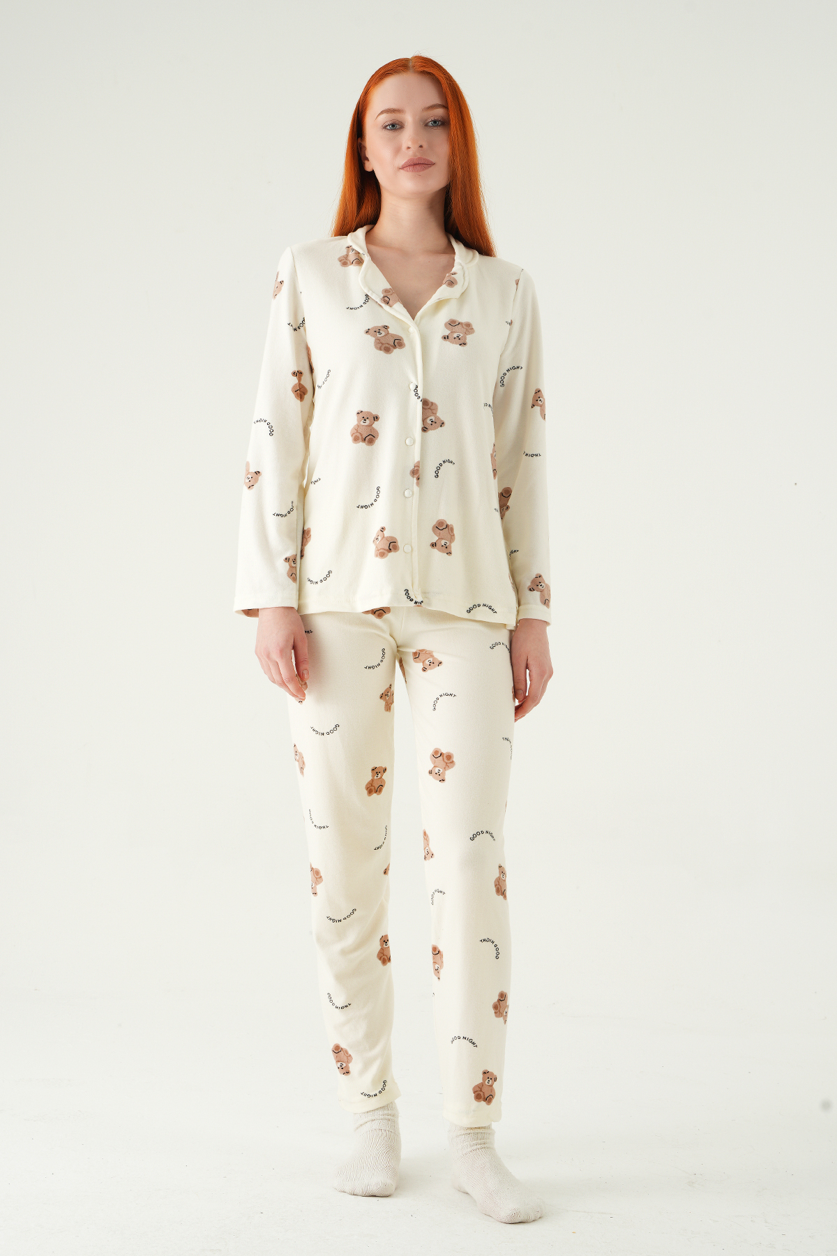 Krem Ayıcık Desen Düğmeli Pijama Takımı 3421 - 1