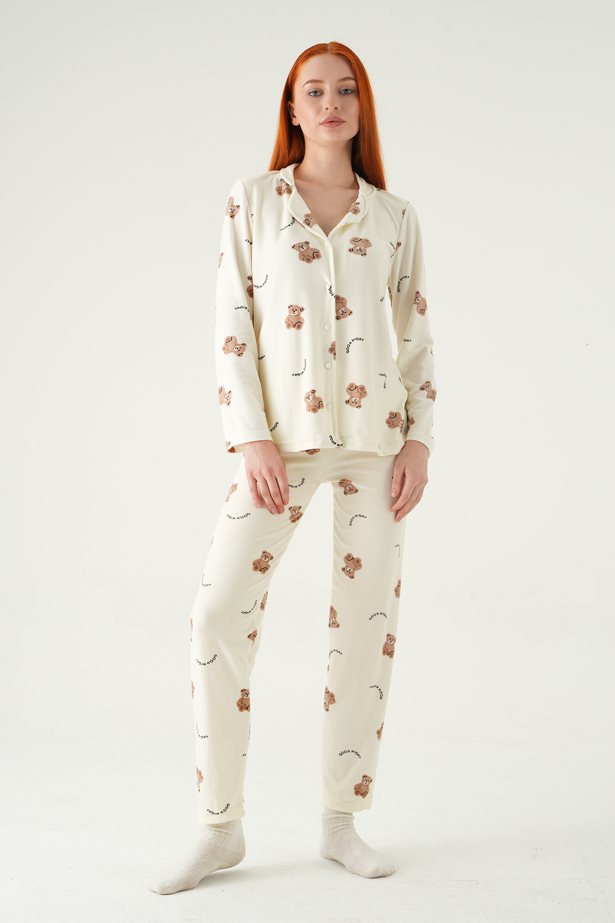 Krem Ayıcık Desen Düğmeli Pijama Takımı 3421 - 3
