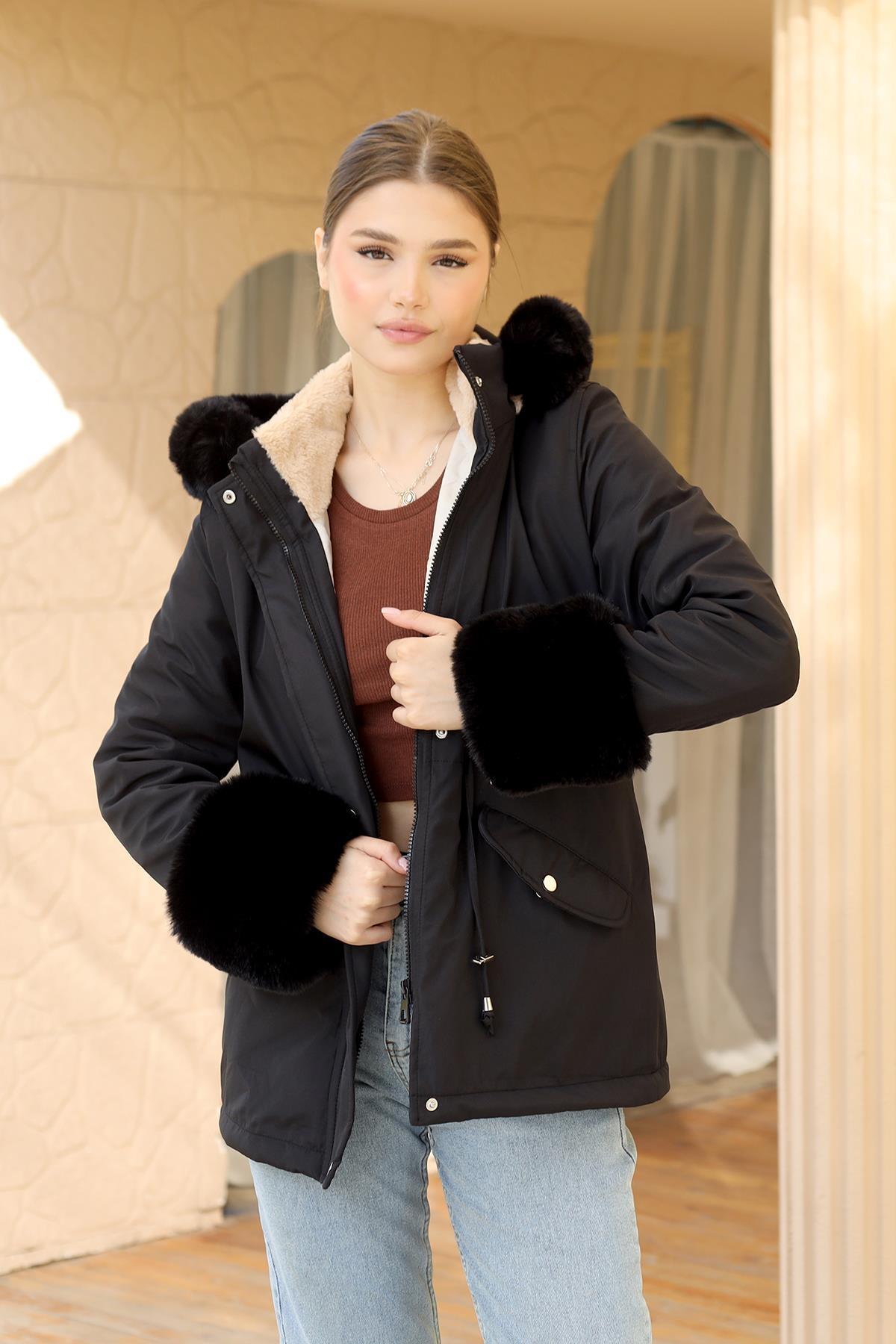 3433 Kolu Kürklü Kısa Parka Siyah - 1