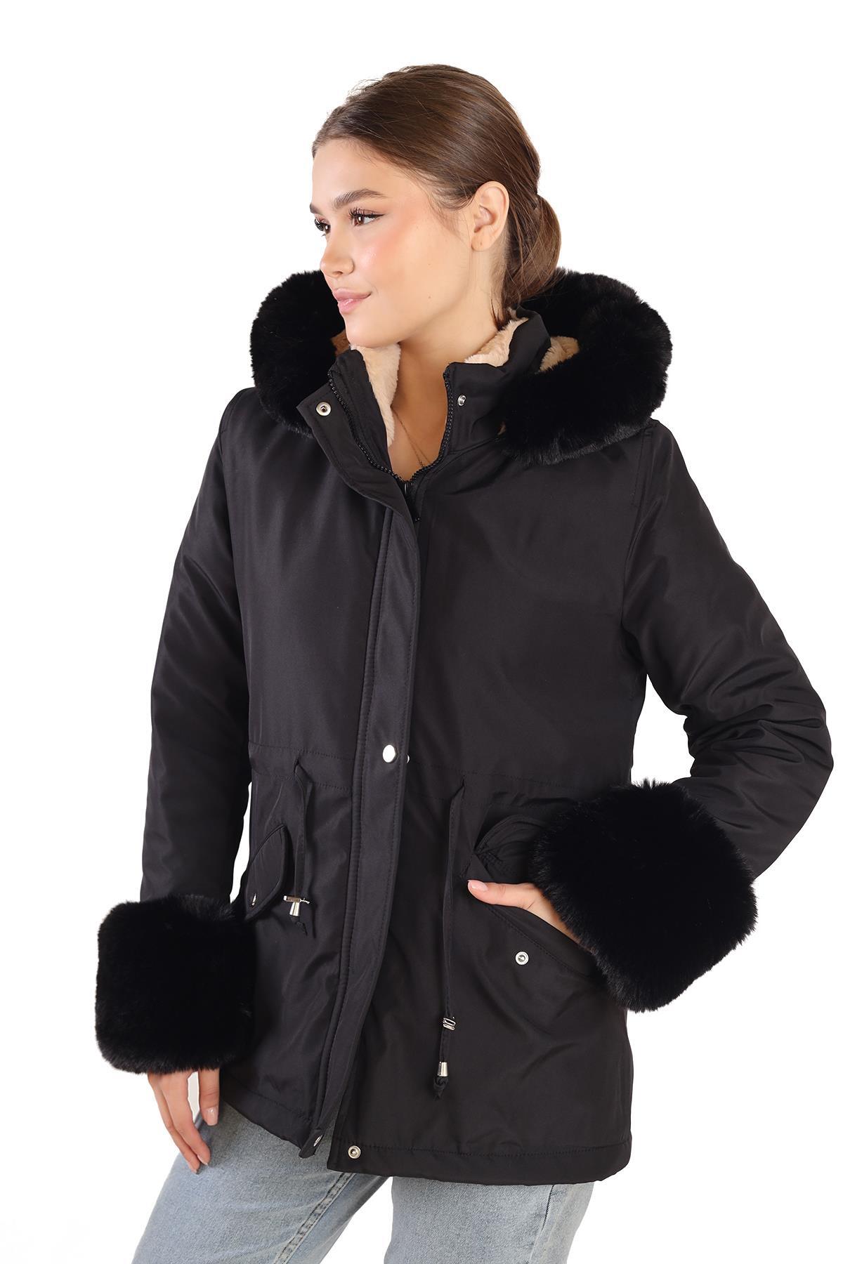 3433 Kolu Kürklü Kısa Parka Siyah - 4