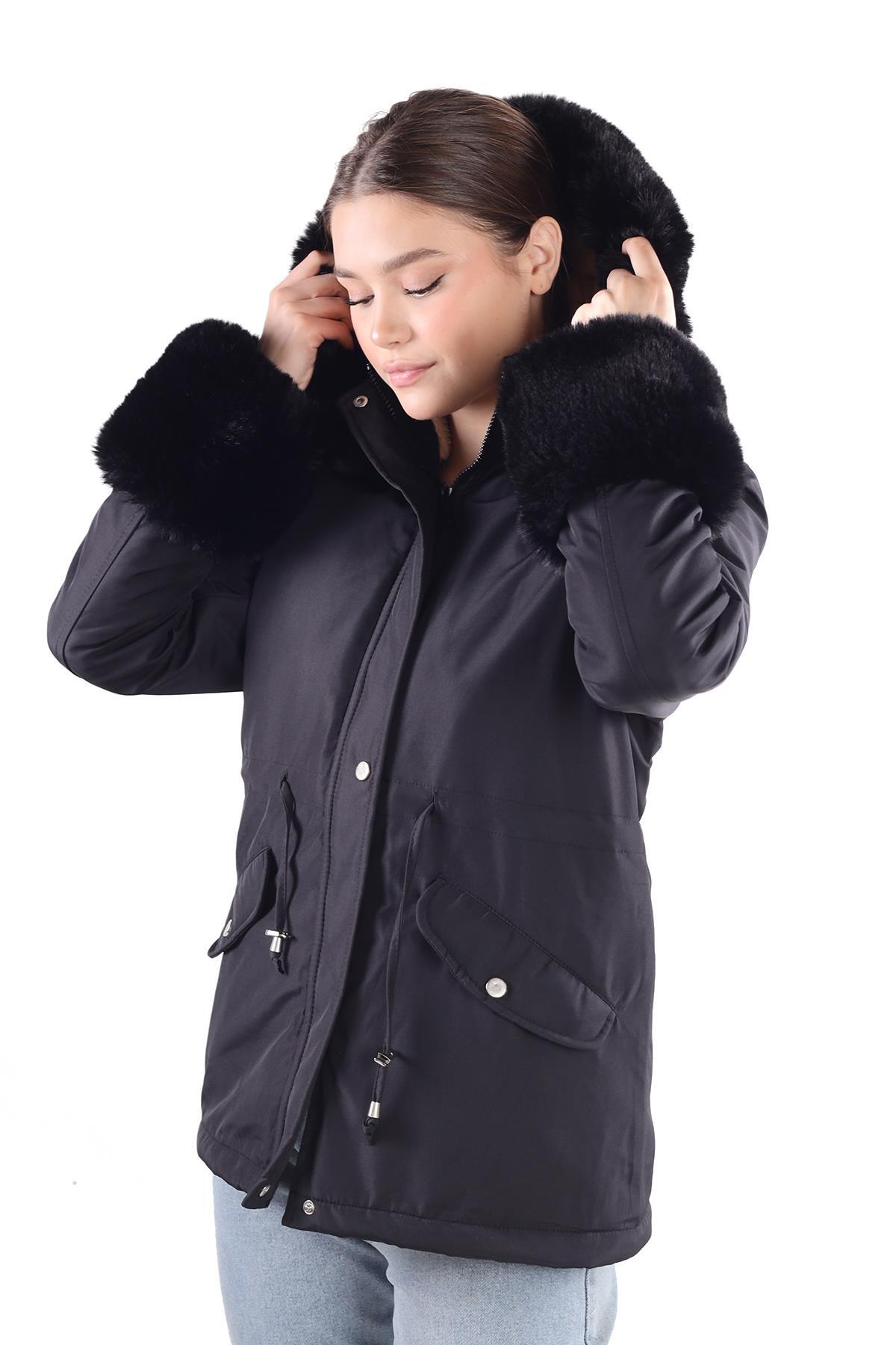 3433 Kolu Kürklü Kısa Parka Siyah - 6