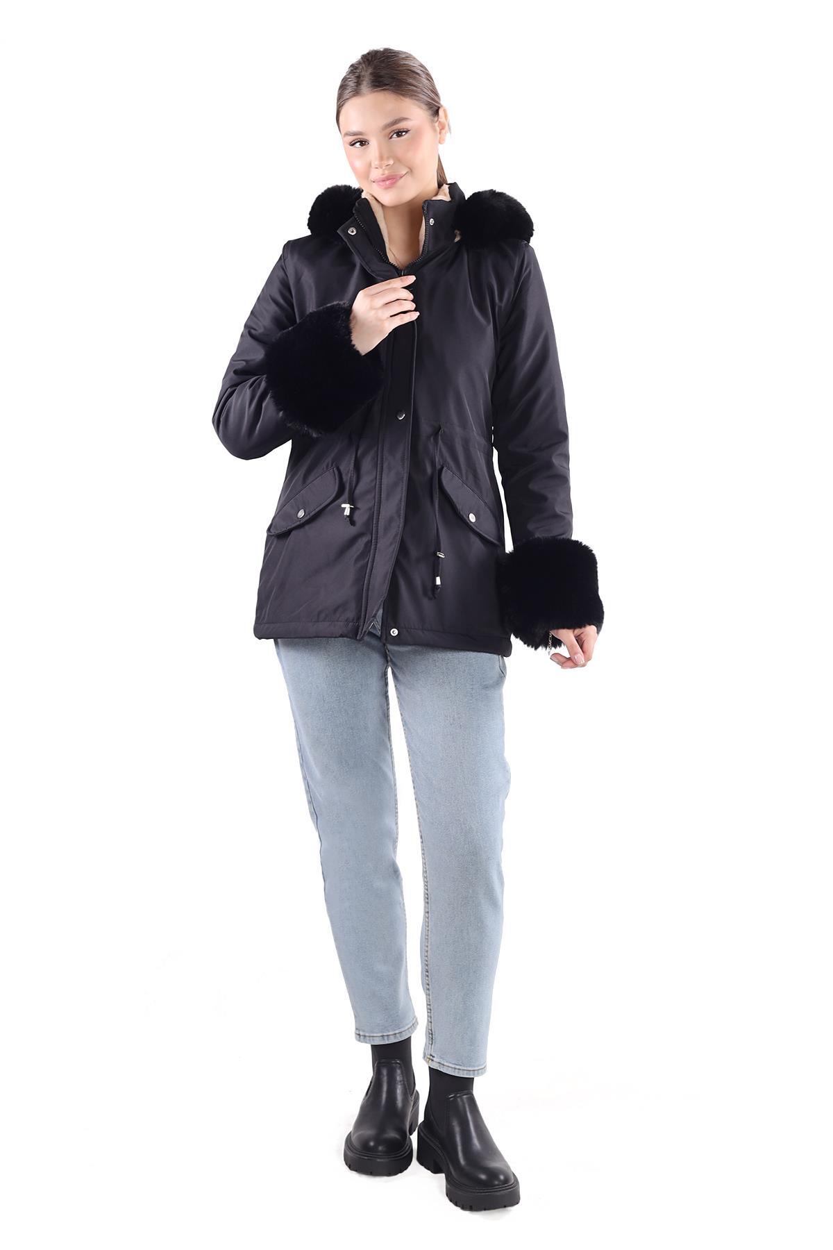 3433 Kolu Kürklü Kısa Parka Siyah - 3