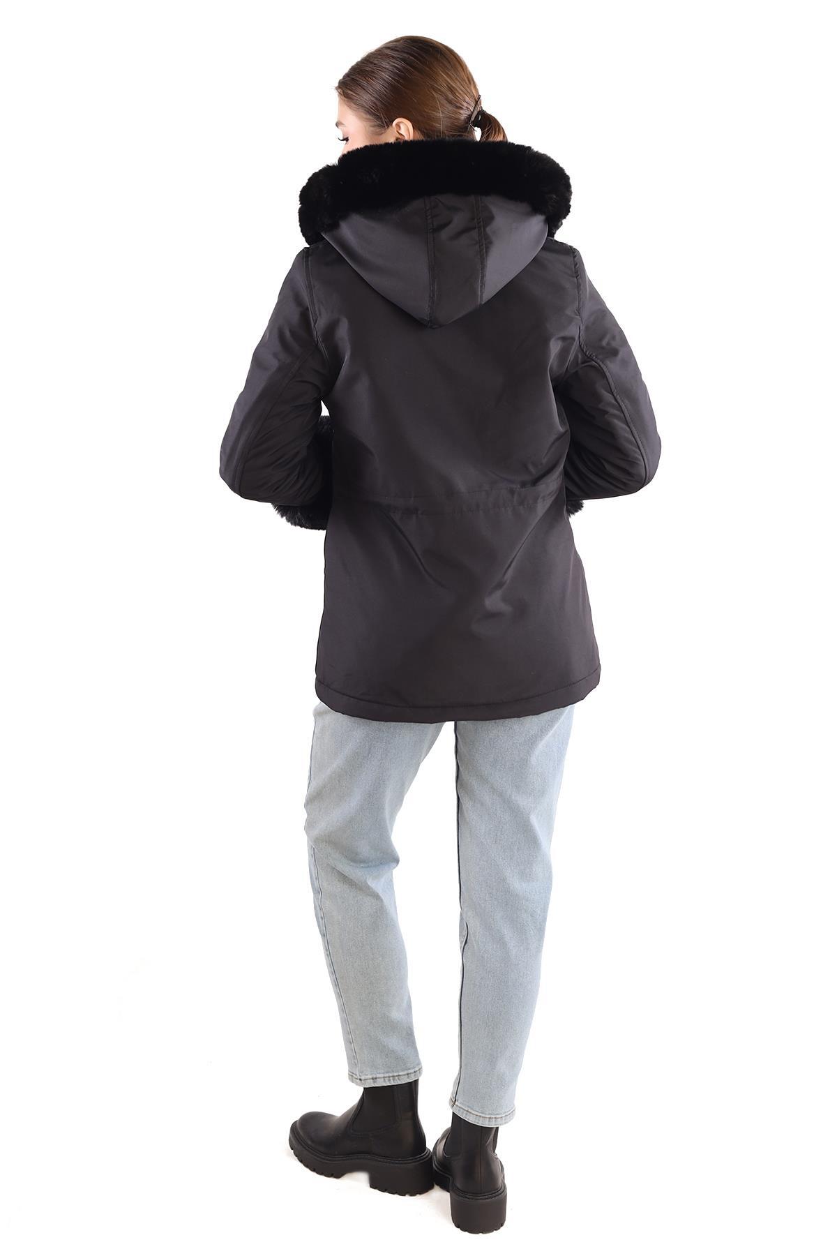 3433 Kolu Kürklü Kısa Parka Siyah - 5