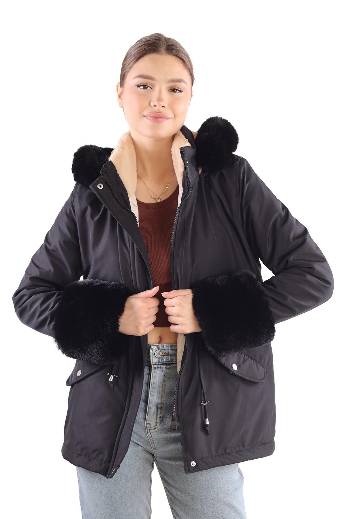 3433 Kolu Kürklü Kısa Parka Siyah - 7