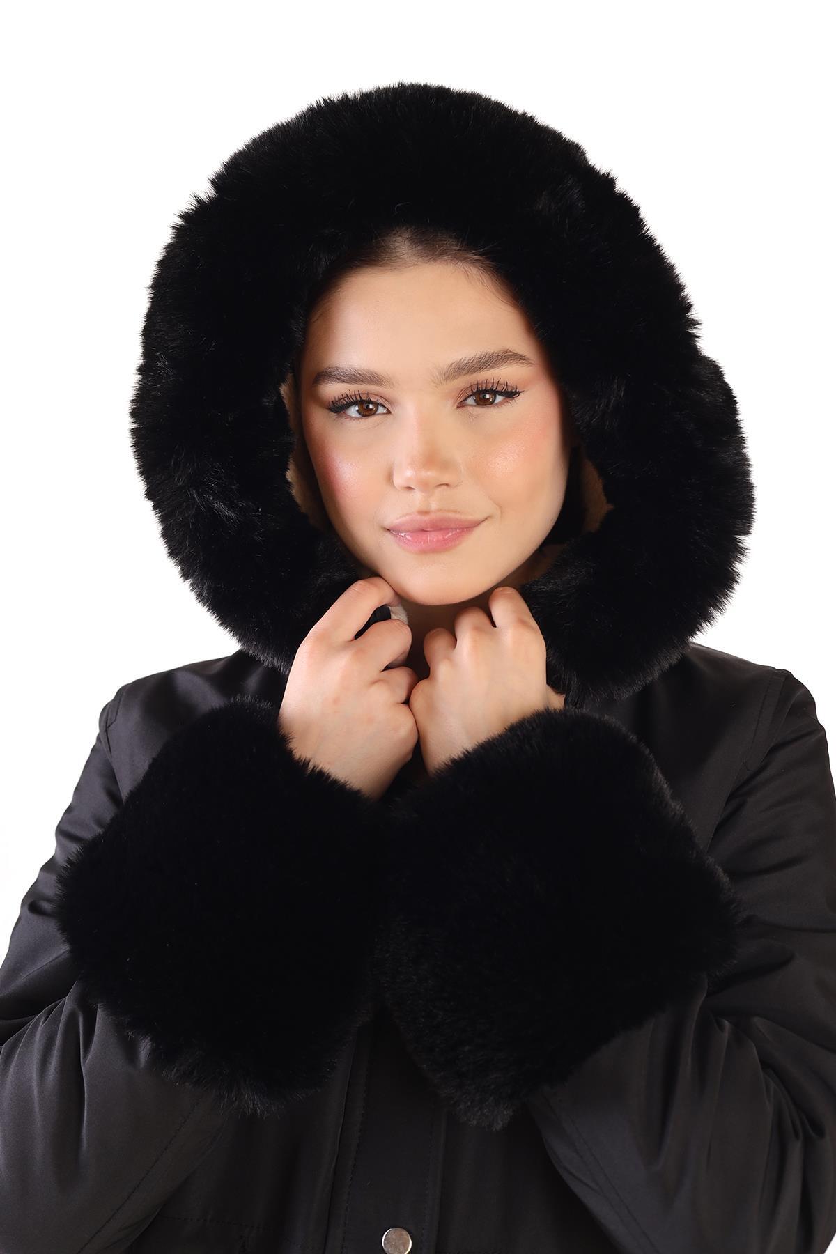 3433 Kolu Kürklü Kısa Parka Siyah - 8