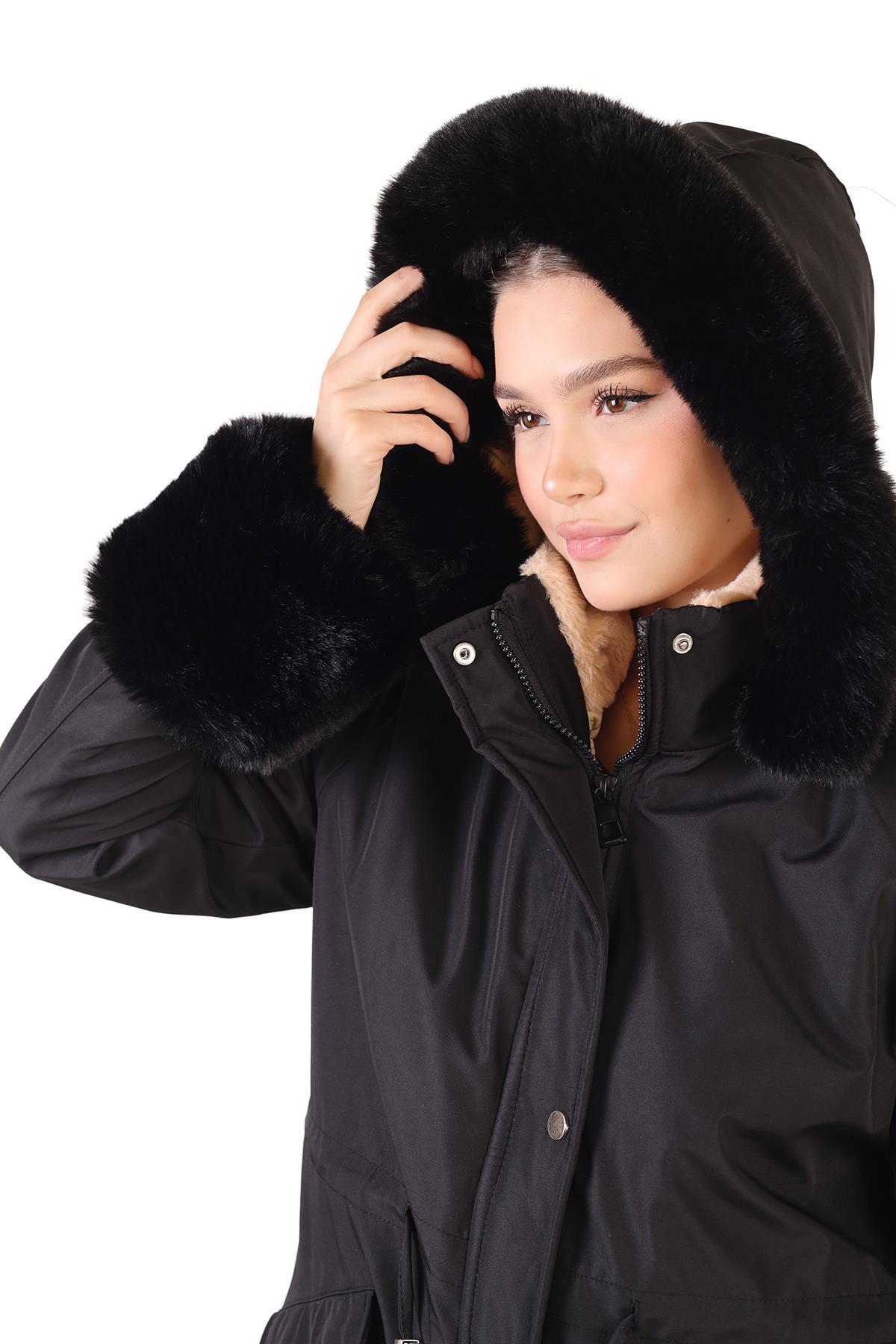 Kolu Kürklü Uzun Mont 3434 Siyah - 7