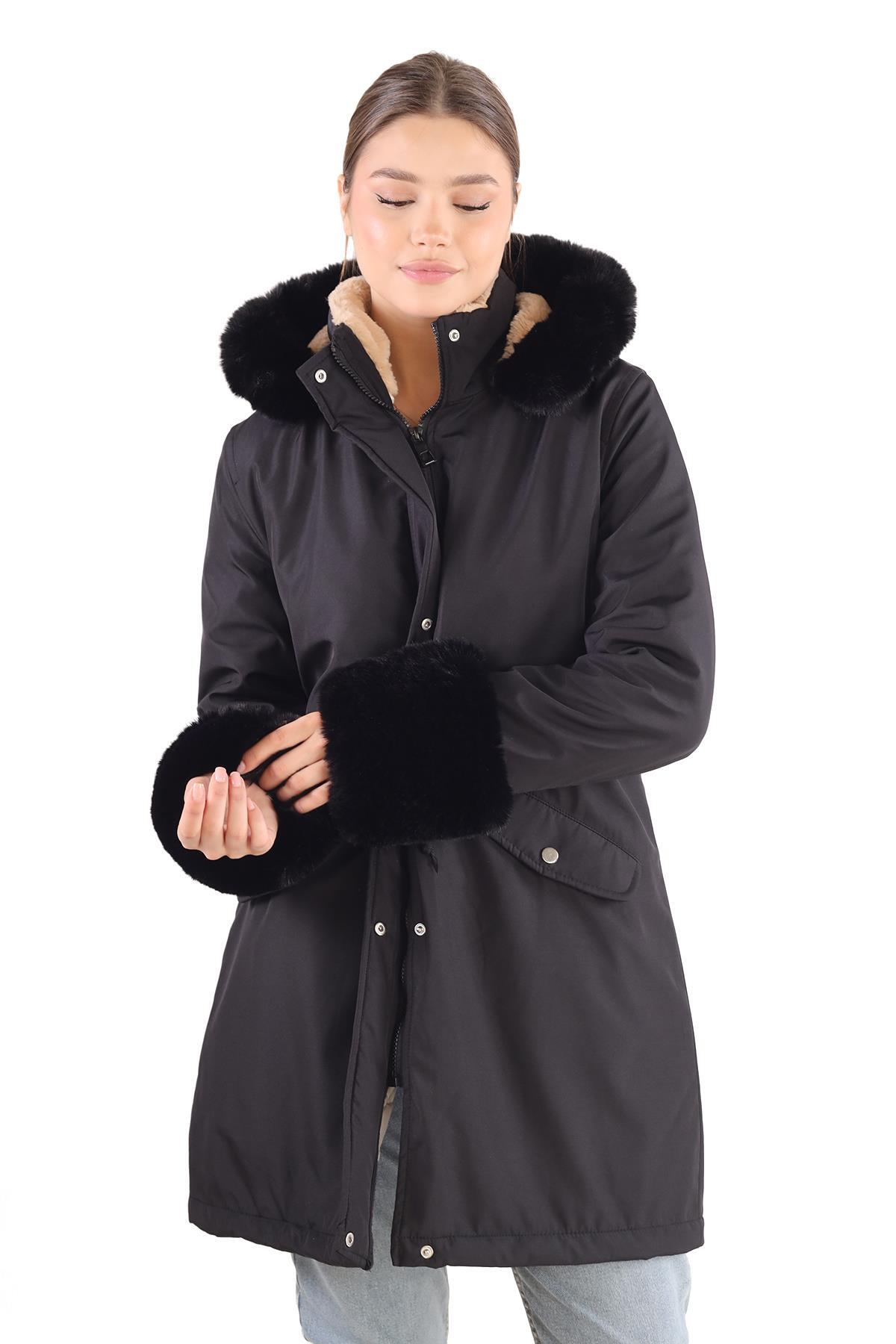 Siyah Kolu Kürklü Uzun Mont 3434 - 3