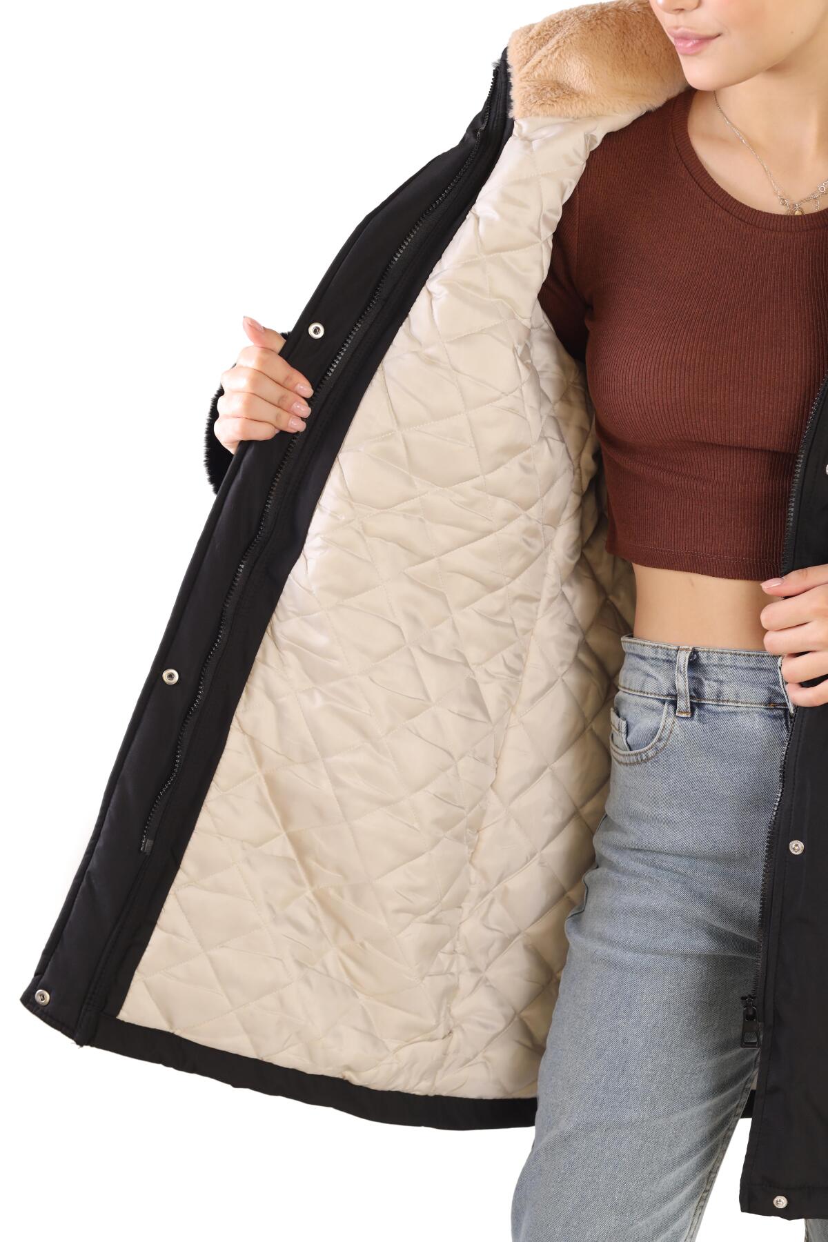 Siyah Kolu Kürklü Uzun Mont 3434 - 8