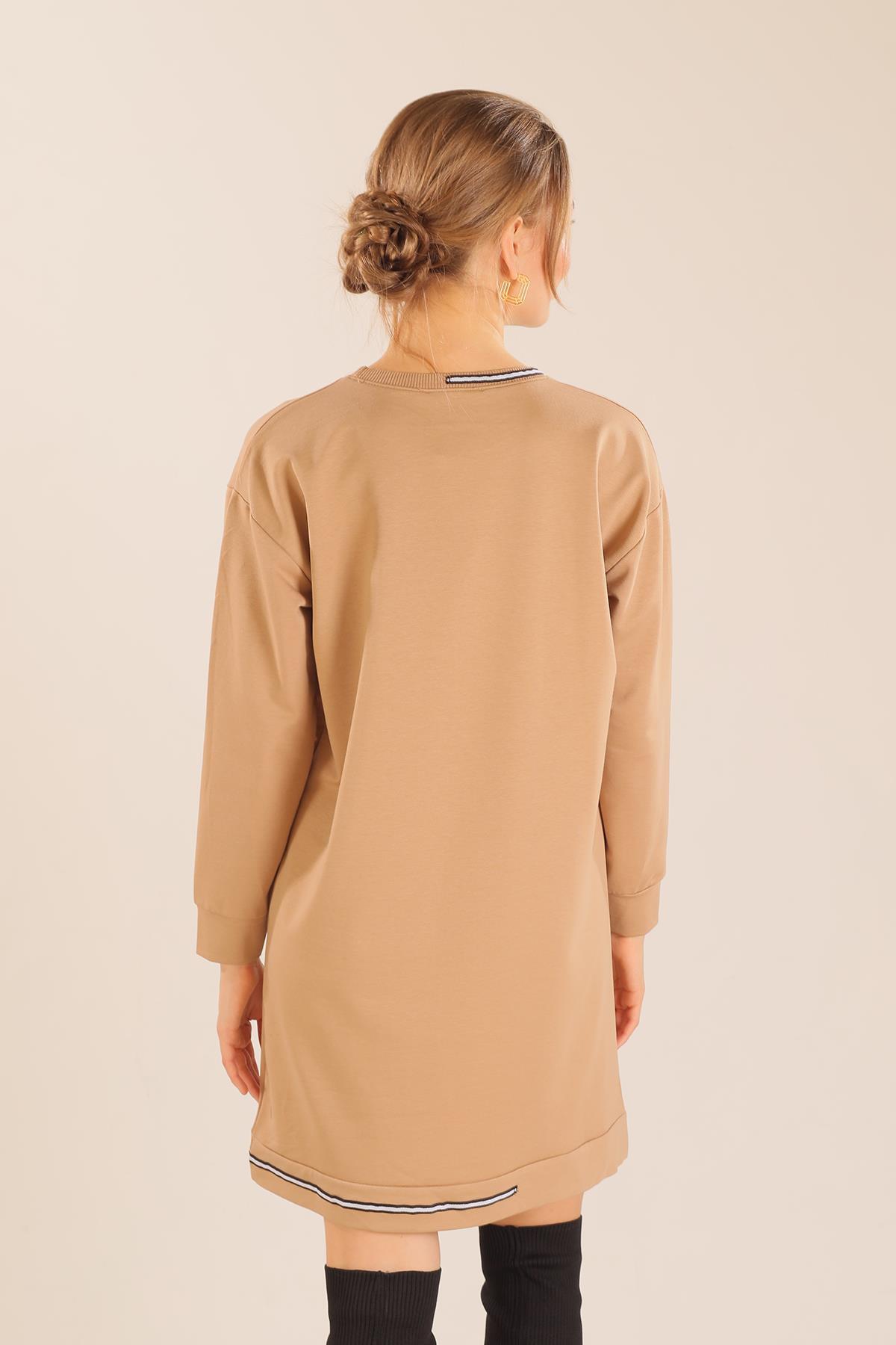 Bej Yaka Şerit Arma Detay Sweat 2684 - 6