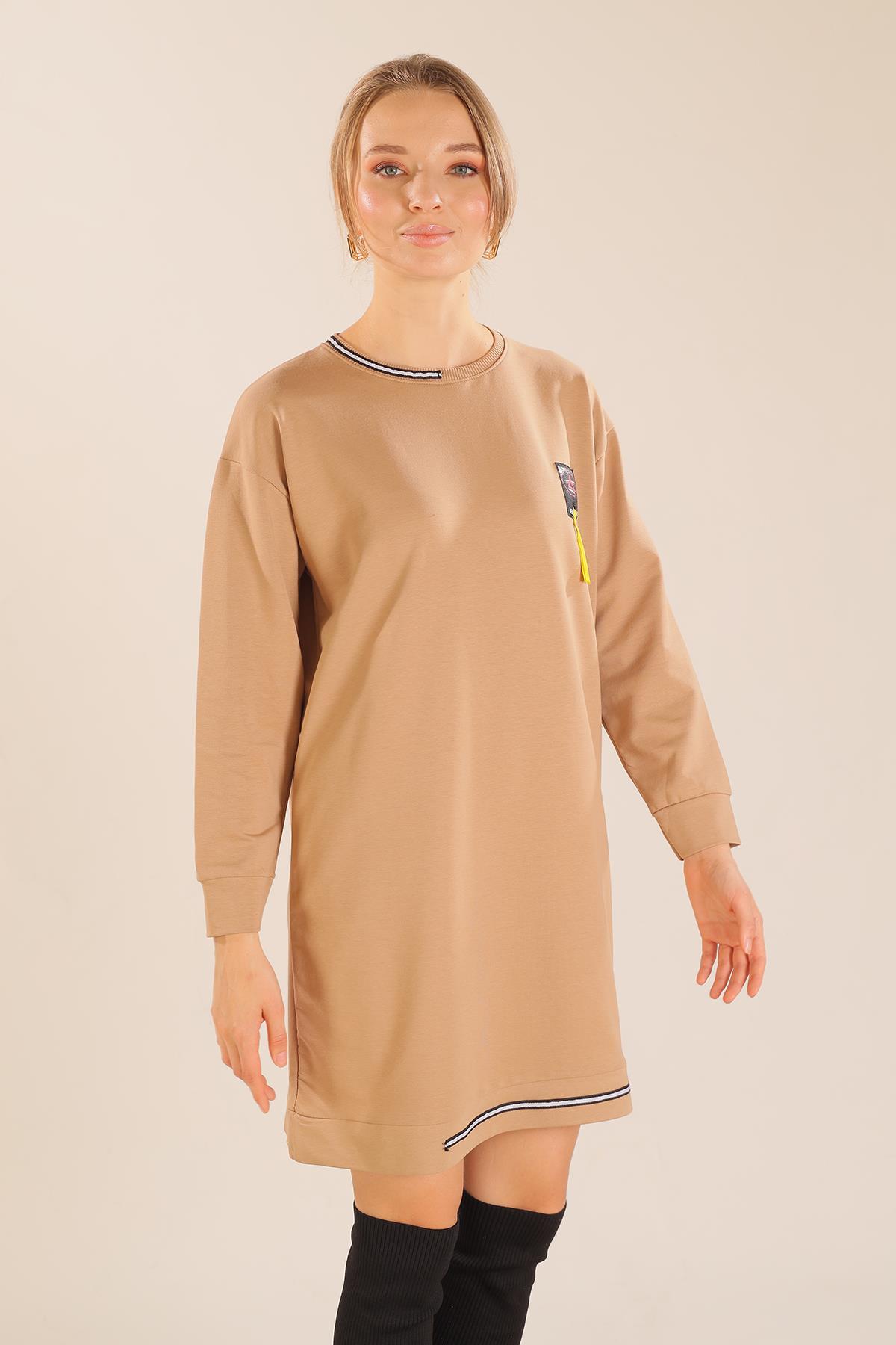 Bej Yaka Şerit Arma Detay Sweat 2684 - 7