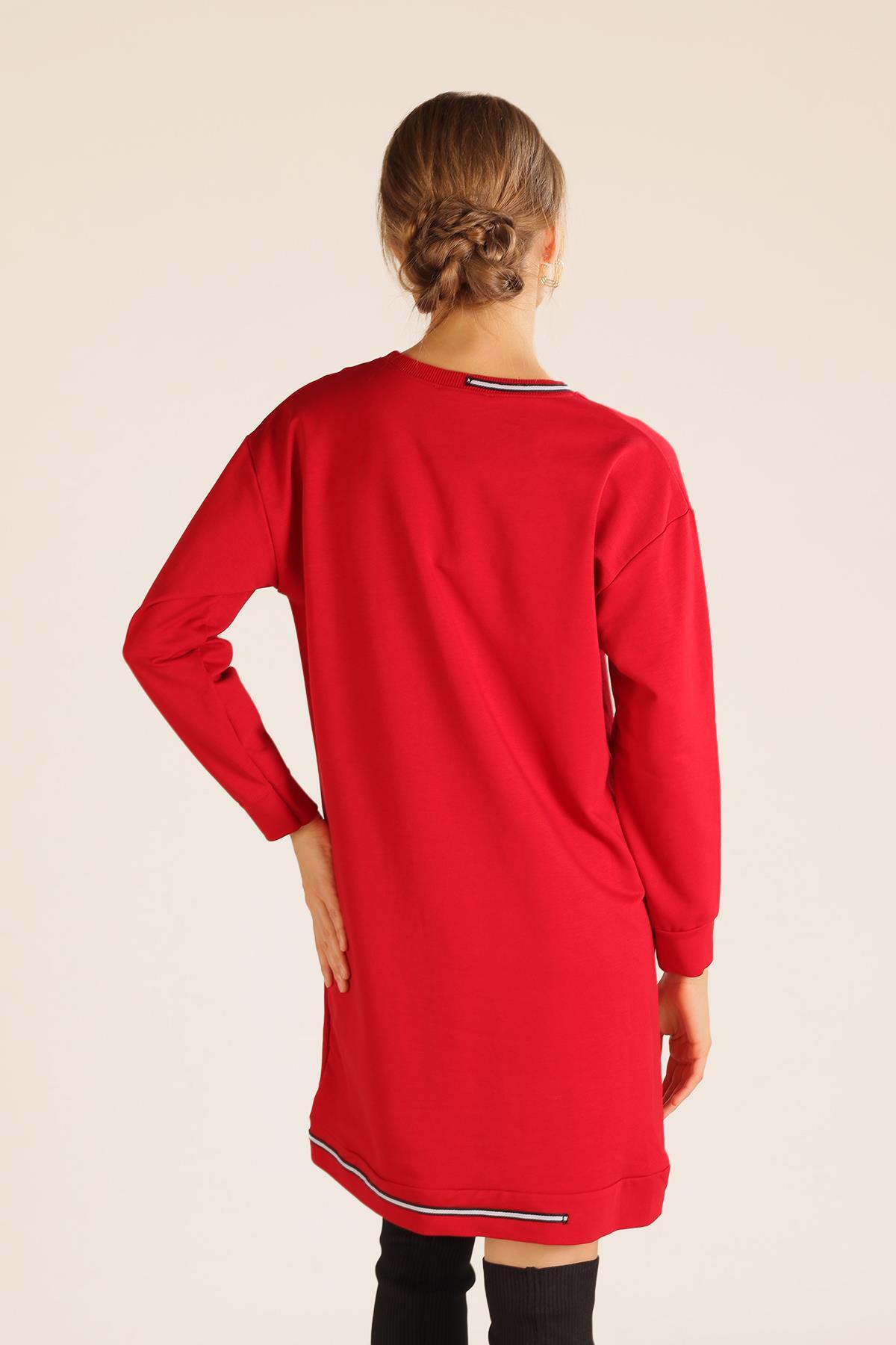 2684 Yaka Şerit Arma Detay Sweat Kırmızı - 6