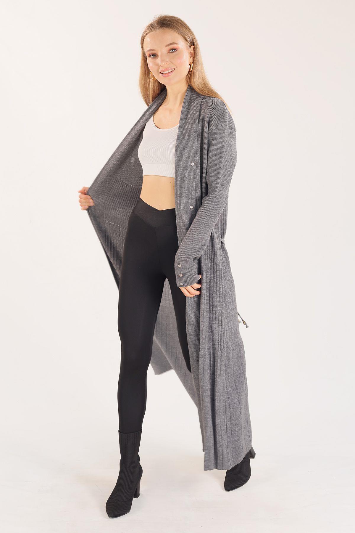 Gri Zımba Detay Uzun Hırka 3435 - 2