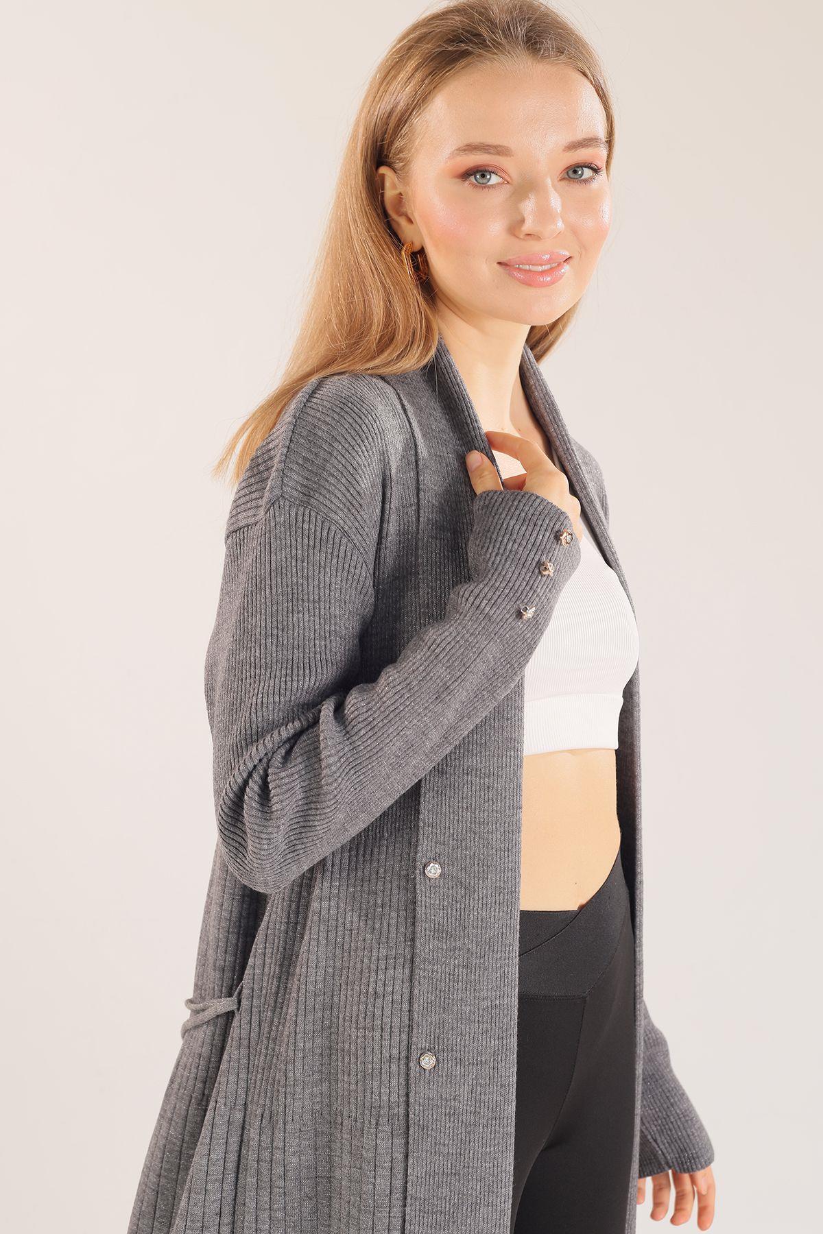 Gri Zımba Detay Uzun Hırka 3435 - 4