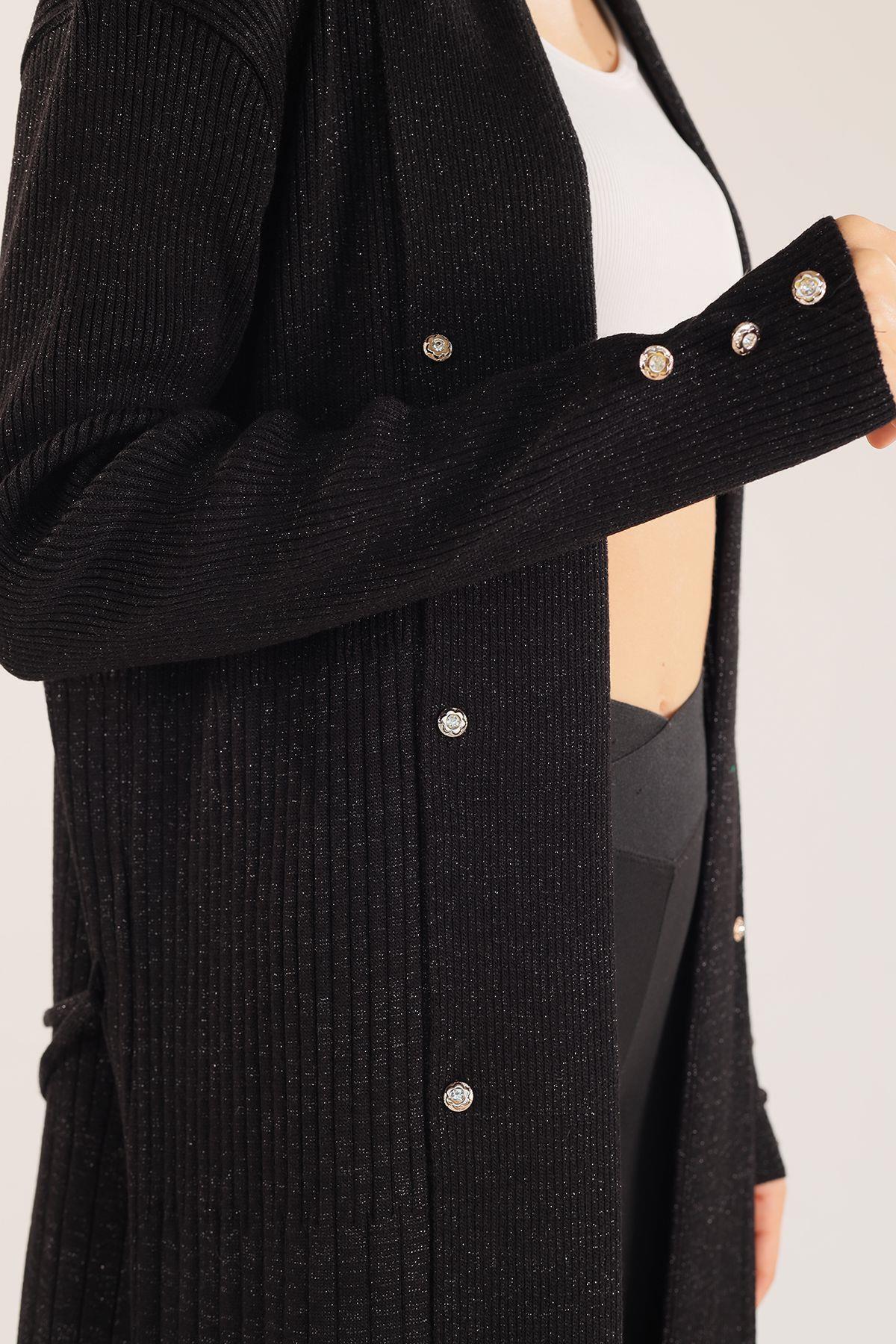 Siyah Zımba Detay Uzun Hırka 3435 - 5