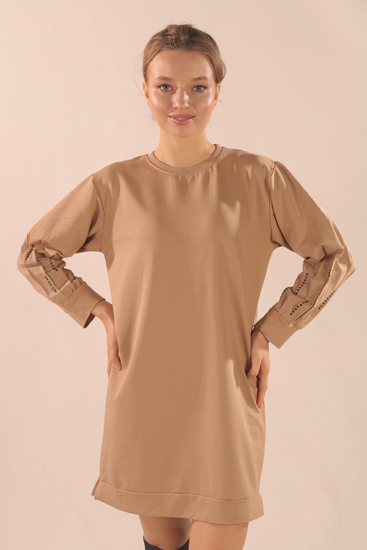 Bej Kol Pile Taş Detay Sweat 3434 - 1