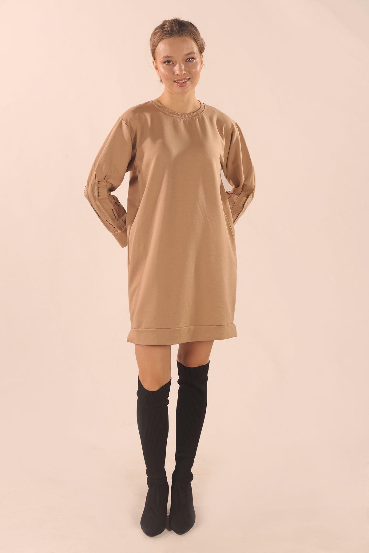 Bej Kol Pile Taş Detay Sweat 3434 - 5