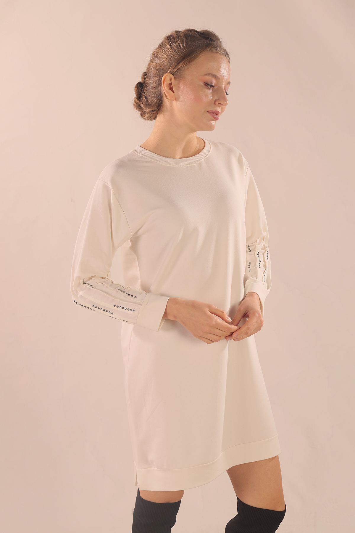 Beyaz Kol Pile Taş Detay Sweat 3434 - 1