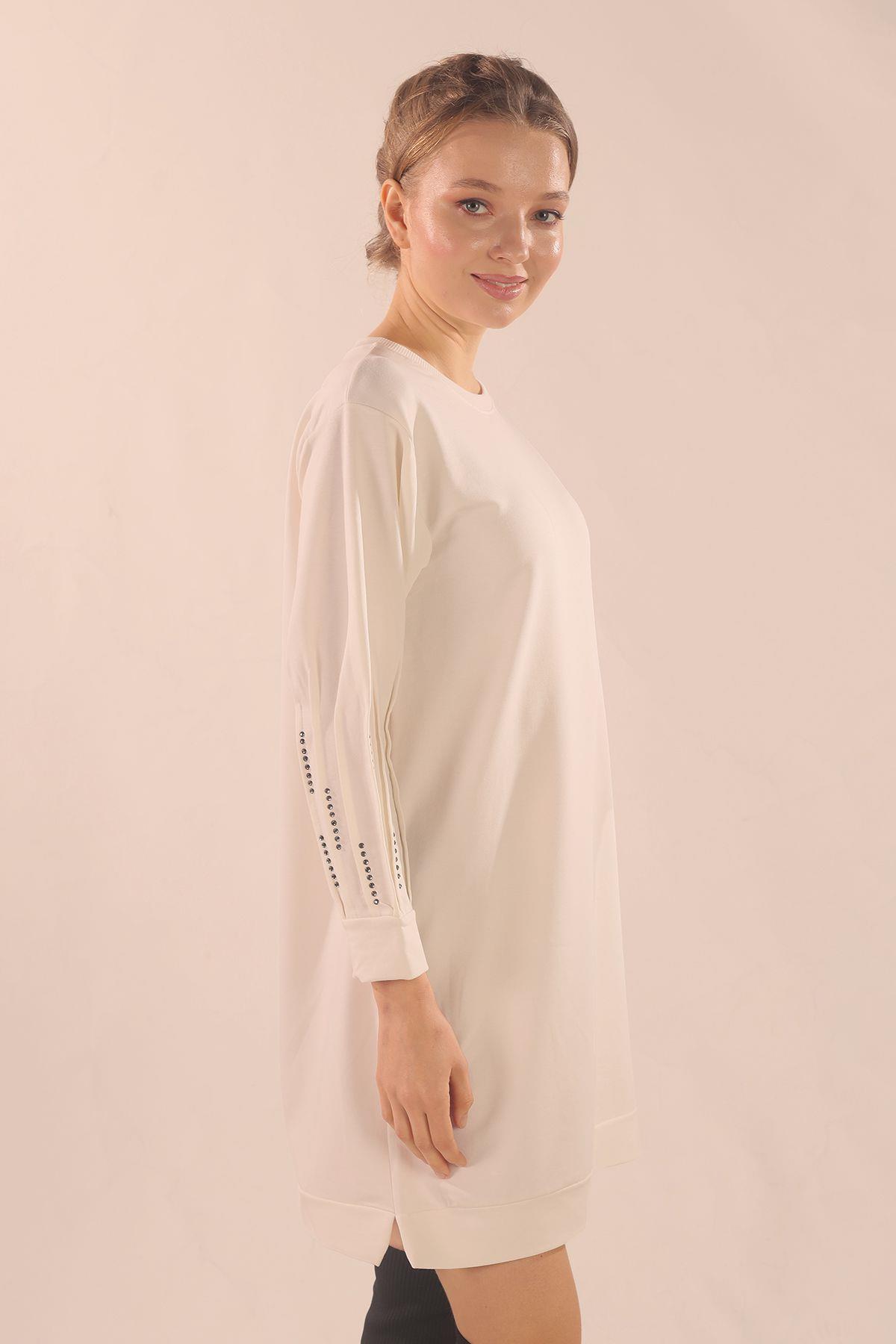 Beyaz Kol Pile Taş Detay Sweat 3434 - 3