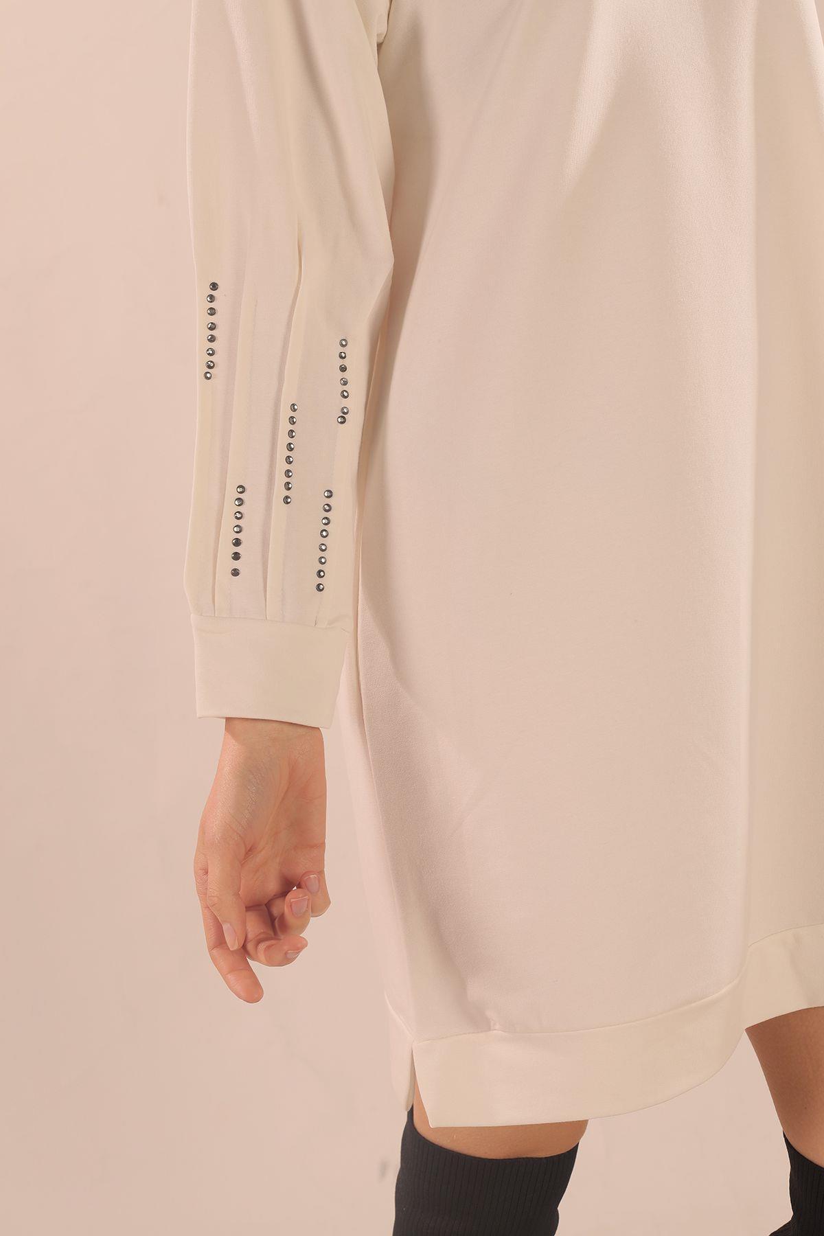 Beyaz Kol Pile Taş Detay Sweat 3434 - 4