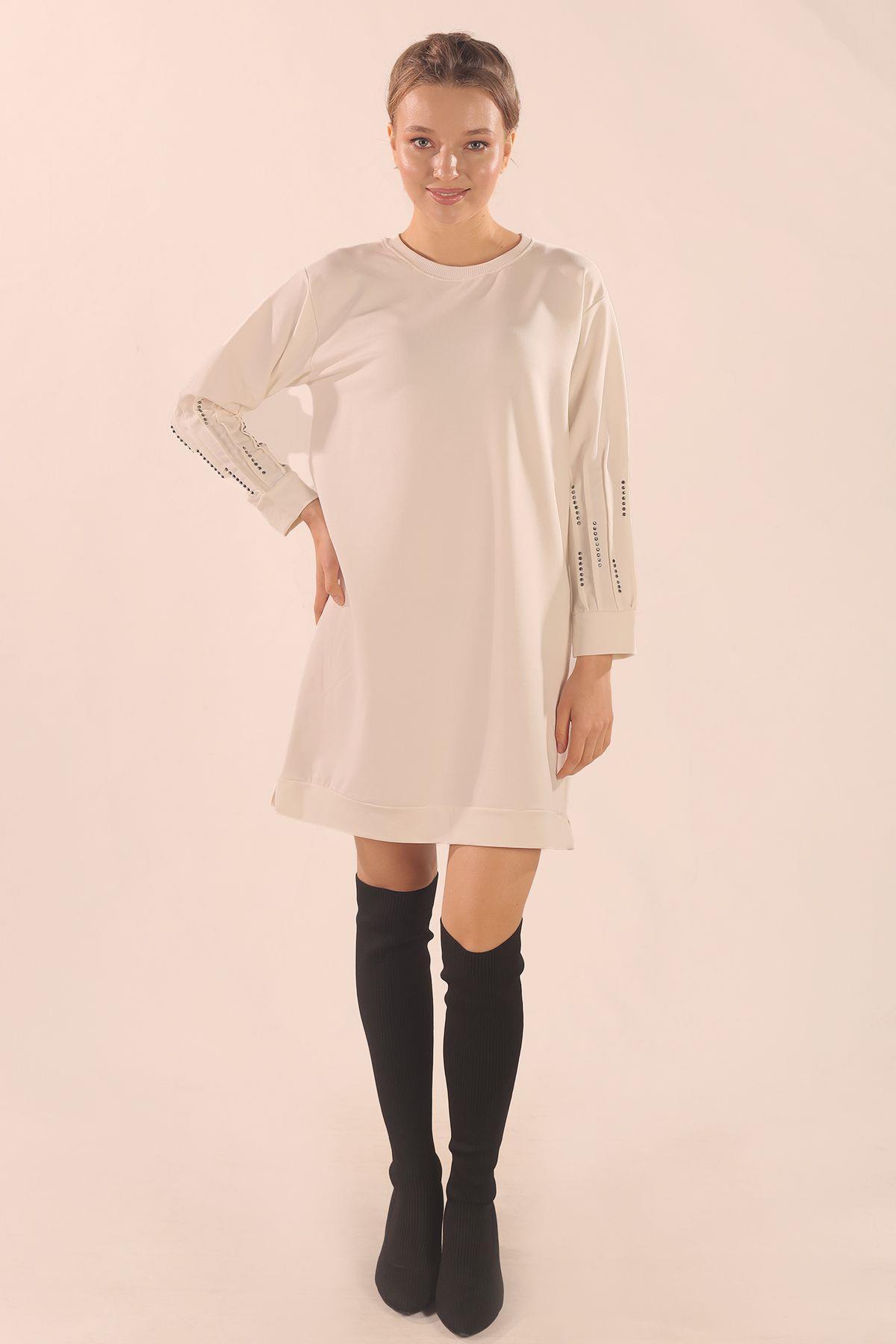 Beyaz Kol Pile Taş Detay Sweat 3434 - 6