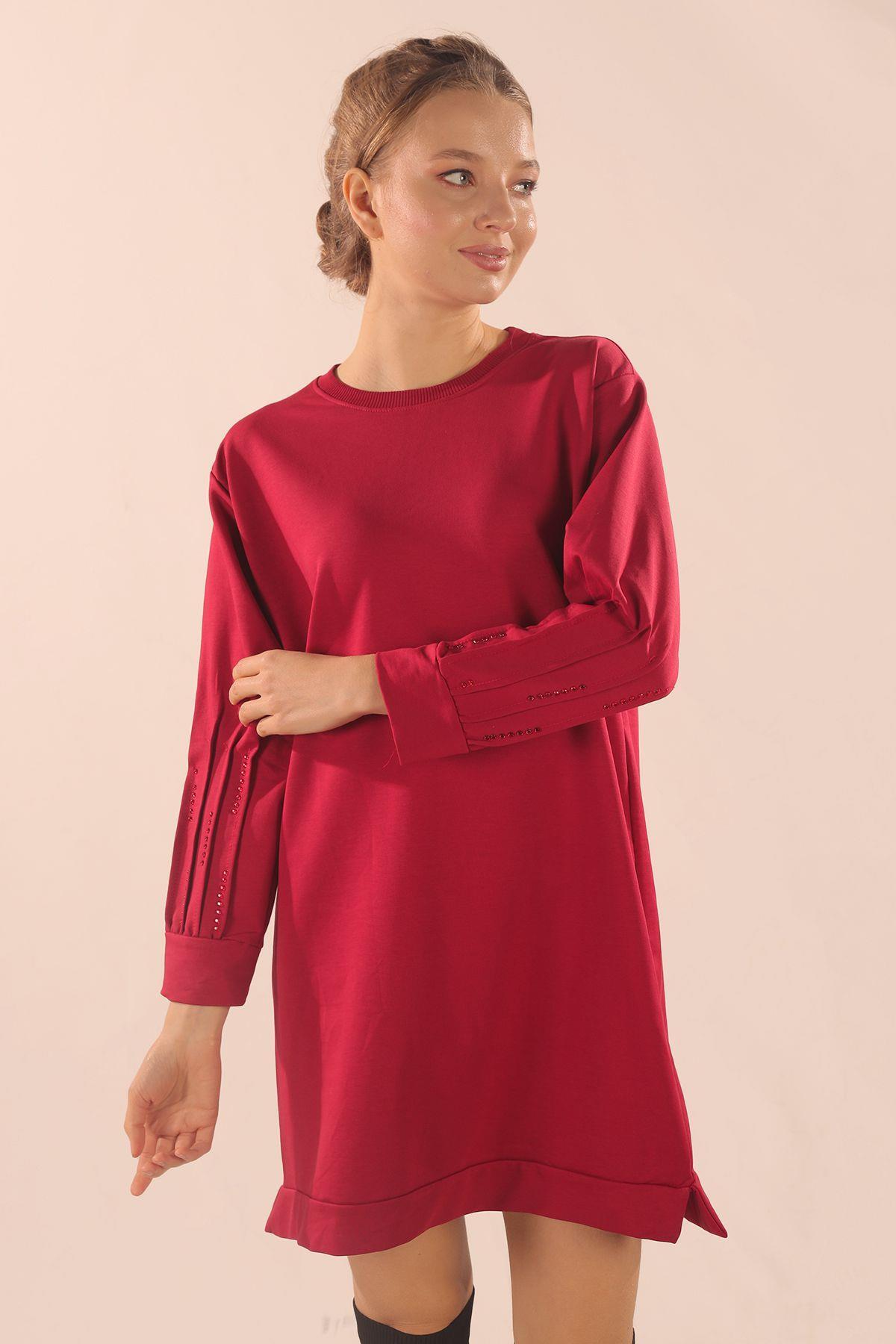 Kırmızı Kol Pile Taş Detay Sweat 3434 - 2