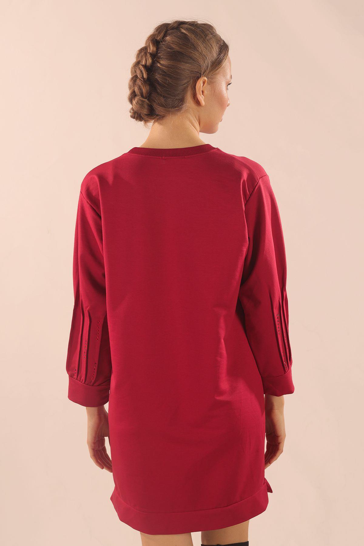 Kırmızı Kol Pile Taş Detay Sweat 3434 - 4