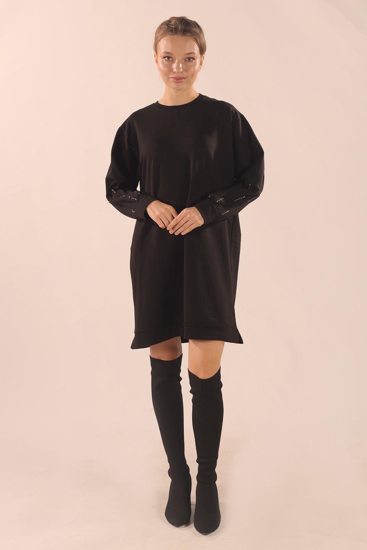 Siyah Kol Pile Taş Detay Sweat 3434 - 3