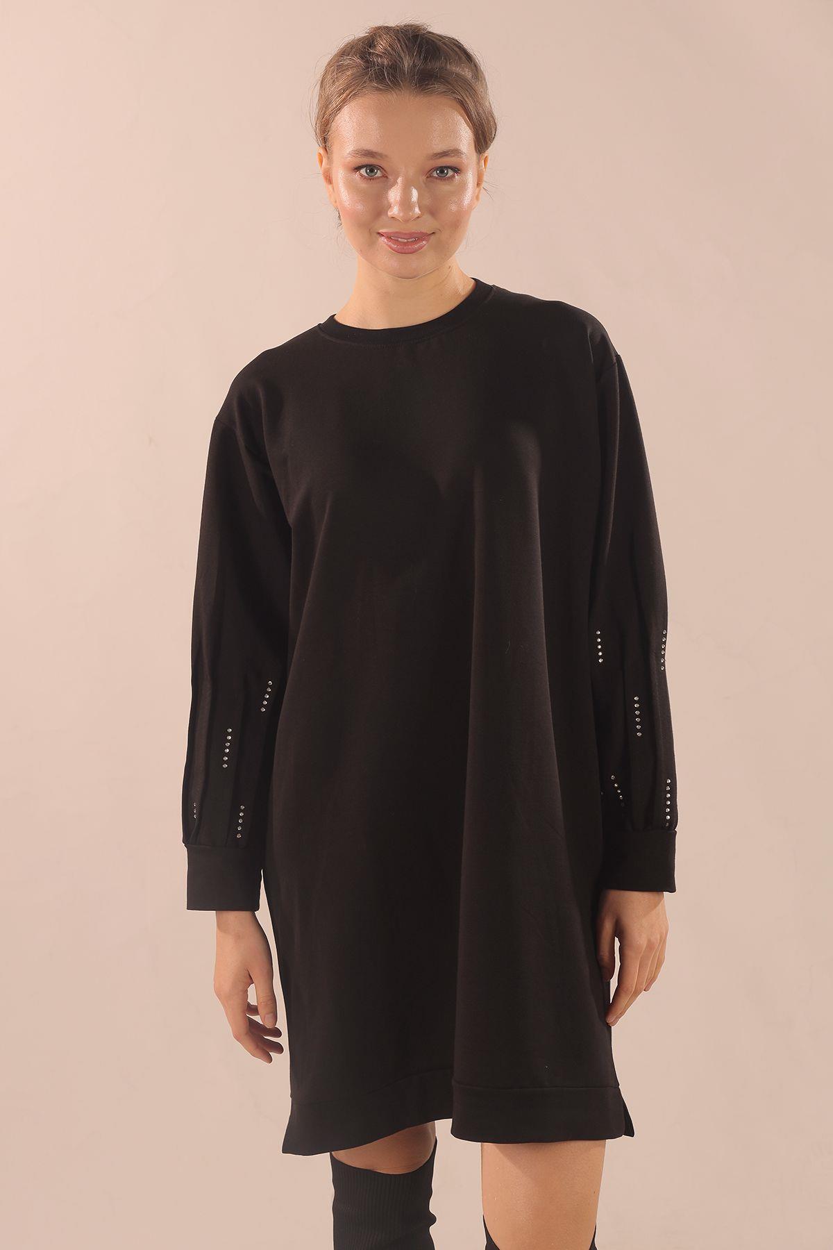 Siyah Kol Pile Taş Detay Sweat 3434 - 6