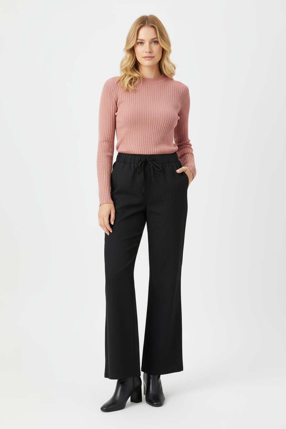 Siyah Bel Lastikli İspanyol Paça Pantolon 3457 - 1