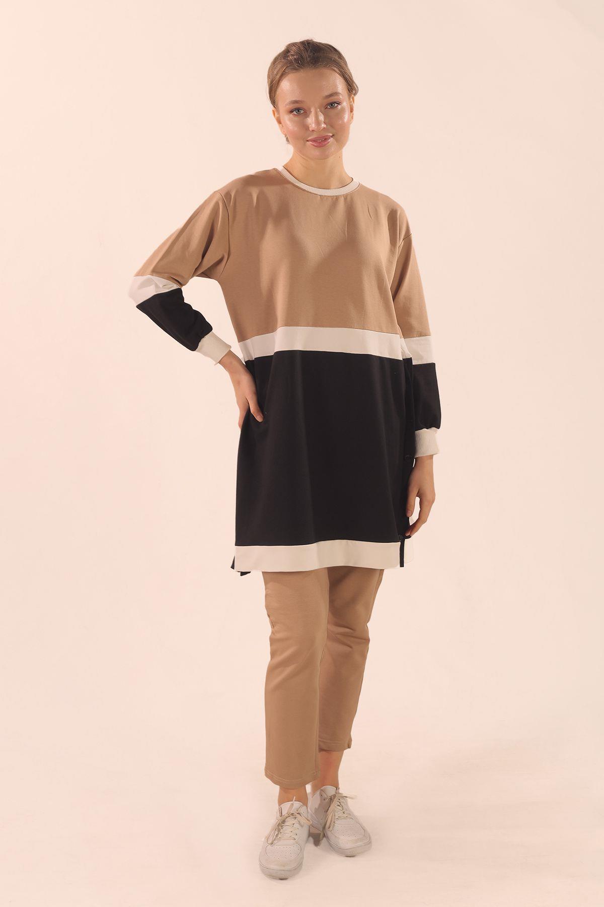 3478 Çift Renk Düğme Detay Takım Bej 