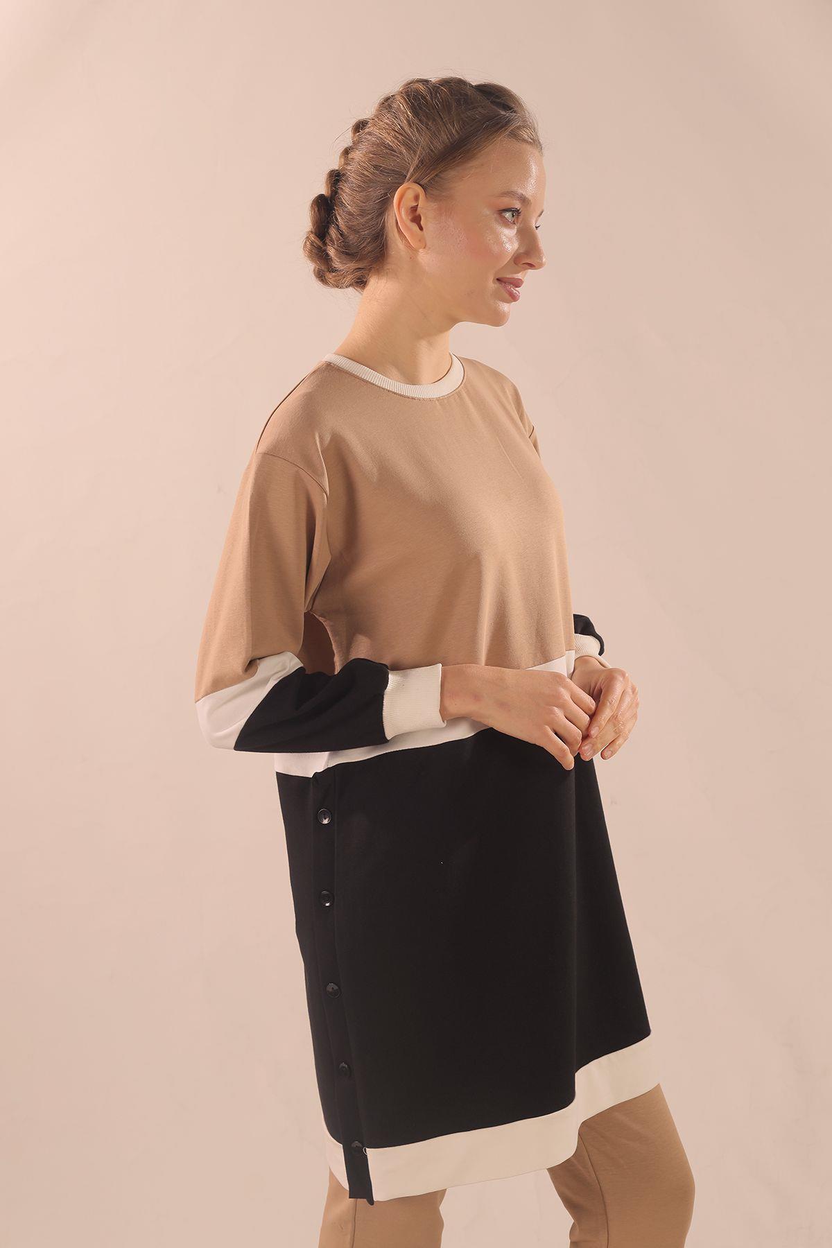 Bej Çift Renk Düğme Detay Takım 3478 - 2