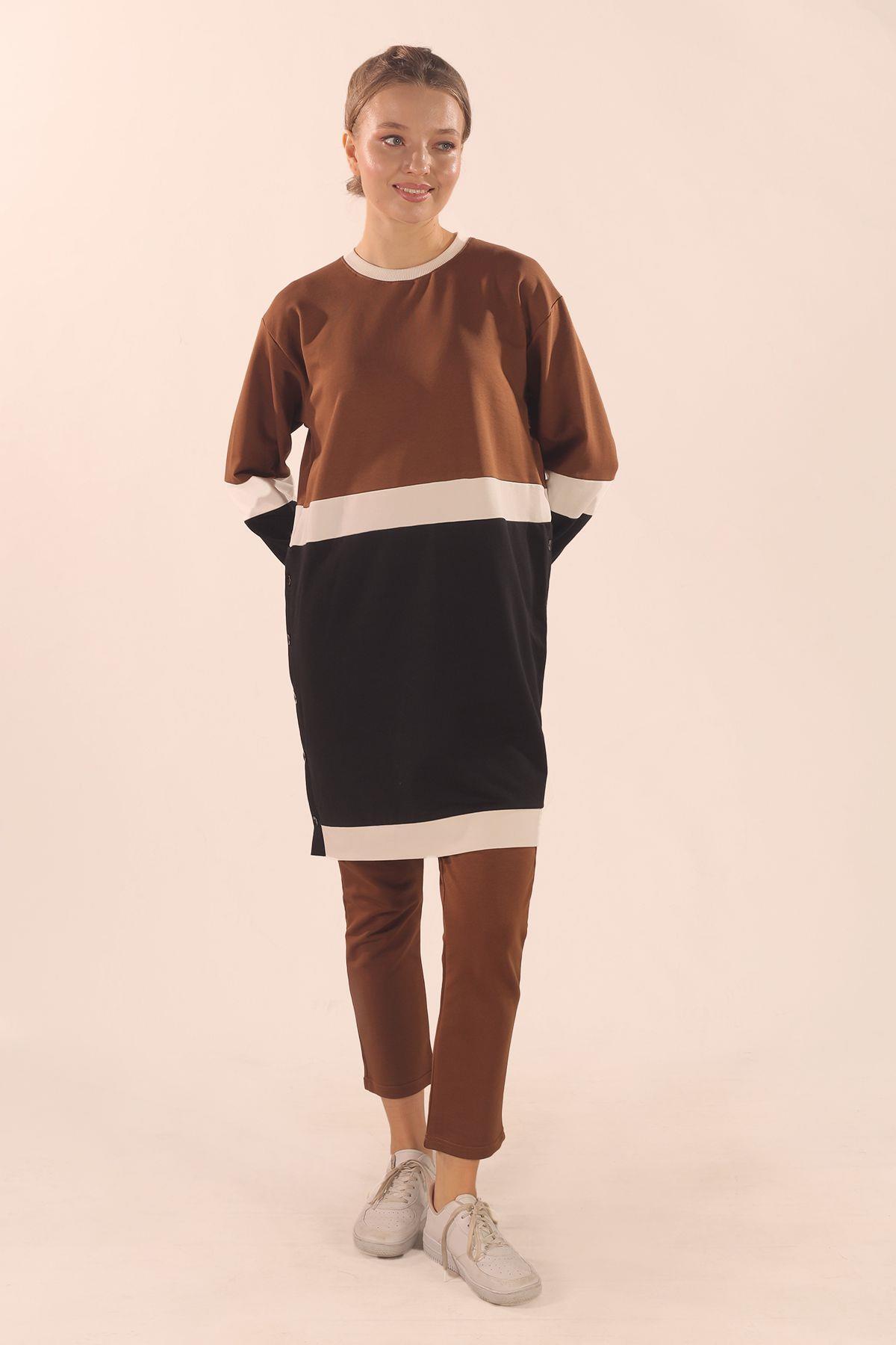 Kahve Çift Renk Düğme Detay Takım 3478 - 2