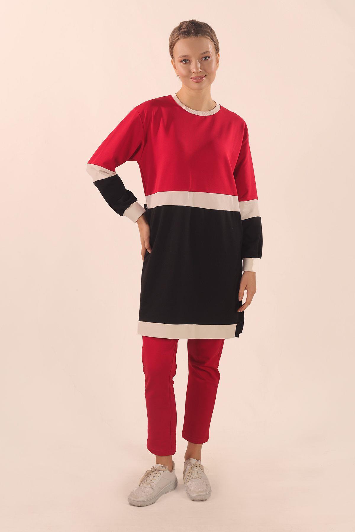 Kırmızı Çift Renk Düğme Detay Takım 3478 - 1