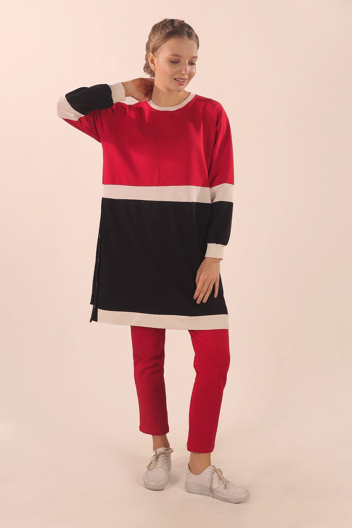 Kırmızı Çift Renk Düğme Detay Takım 3478 - 2