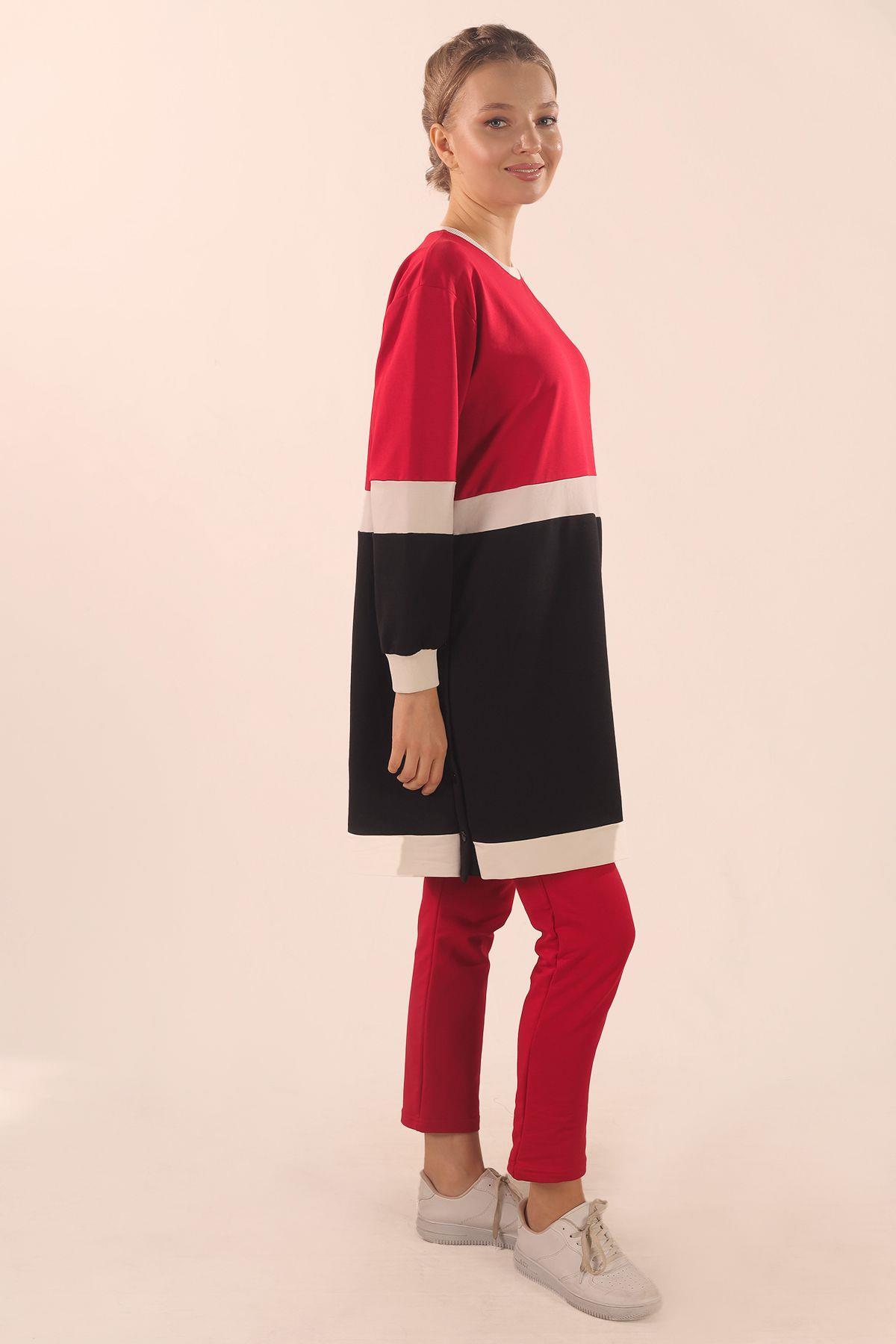 Kırmızı Çift Renk Düğme Detay Takım 3478 - 4