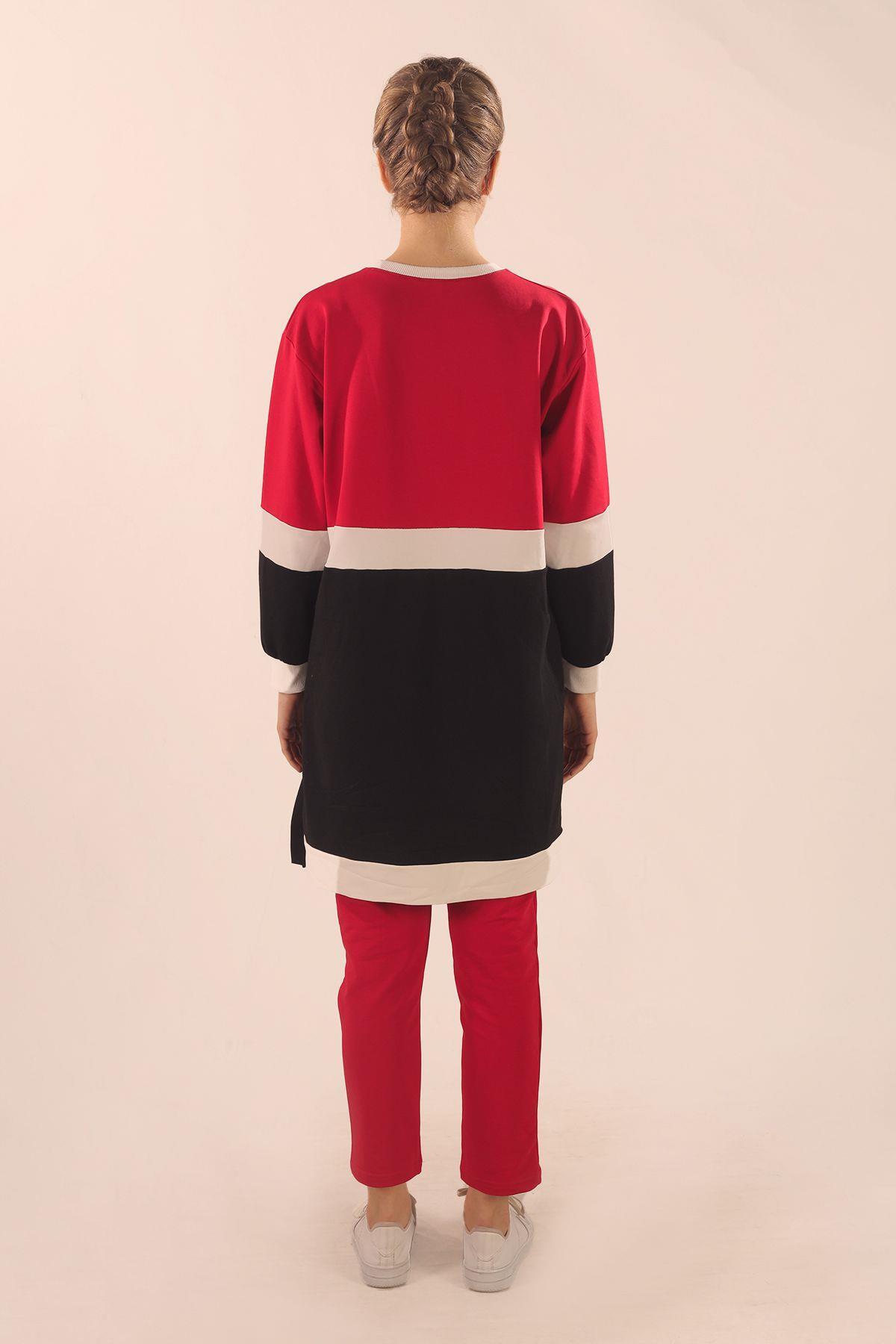 Kırmızı Çift Renk Düğme Detay Takım 3478 - 5