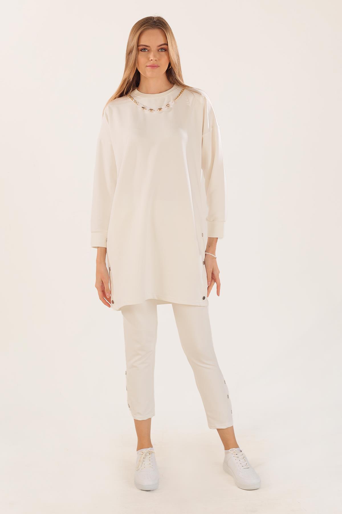 3479 Kolyeli Çıtçıt Detay Sweat Takım Beyaz 