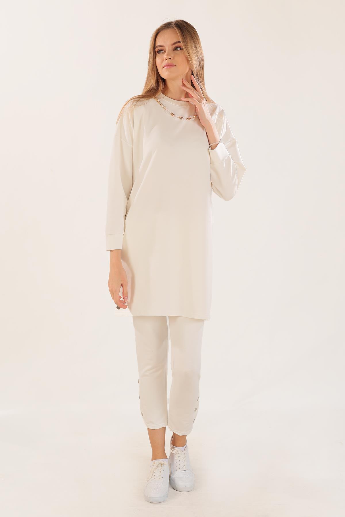 3479 Kolyeli Çıtçıt Detay Sweat Takım Beyaz - 3