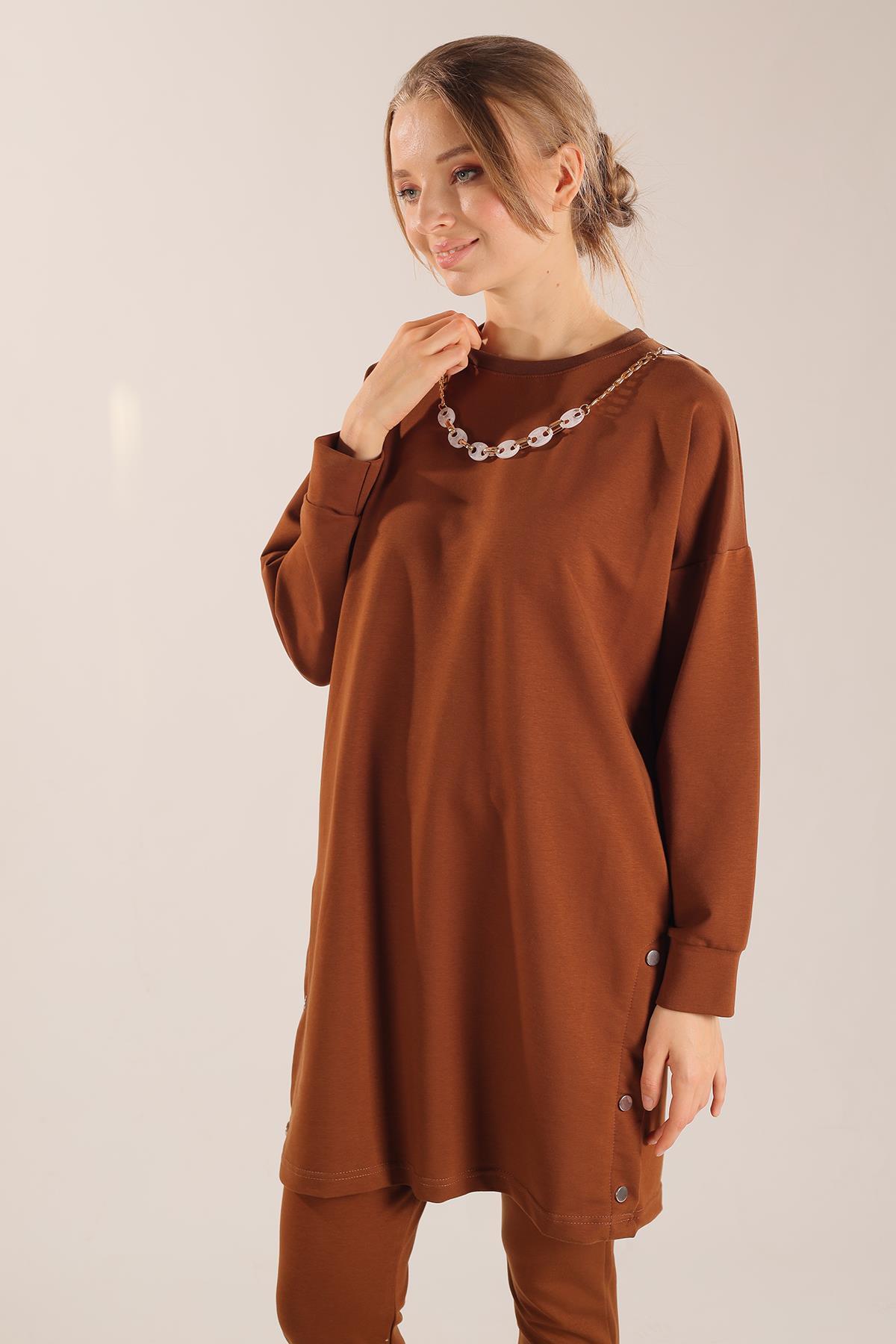 3479 Kolyeli Çıtçıt Detay Sweat Takım Kahve - 2