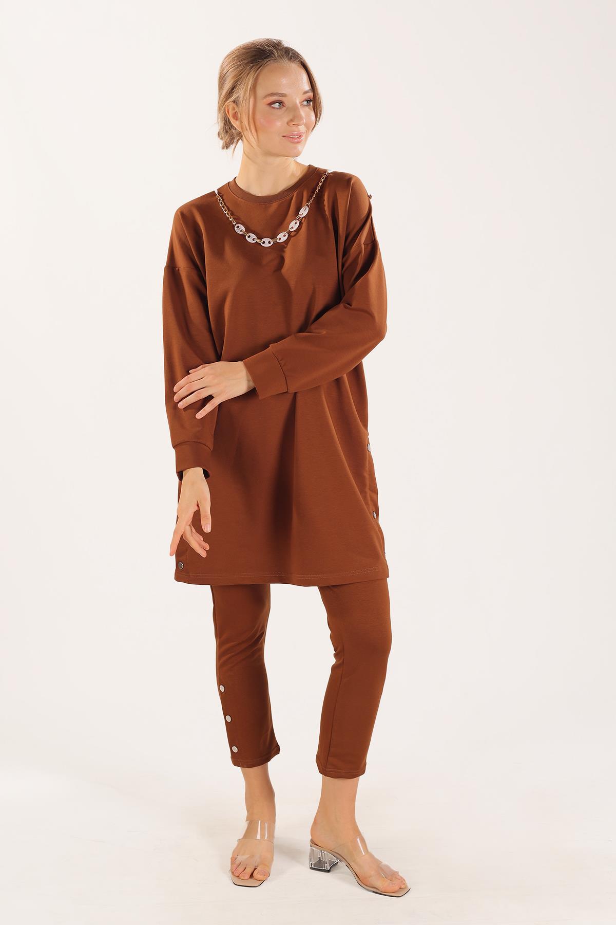 Kahve Kolyeli Çıtçıt Detay Sweat Takım 3479 - 1