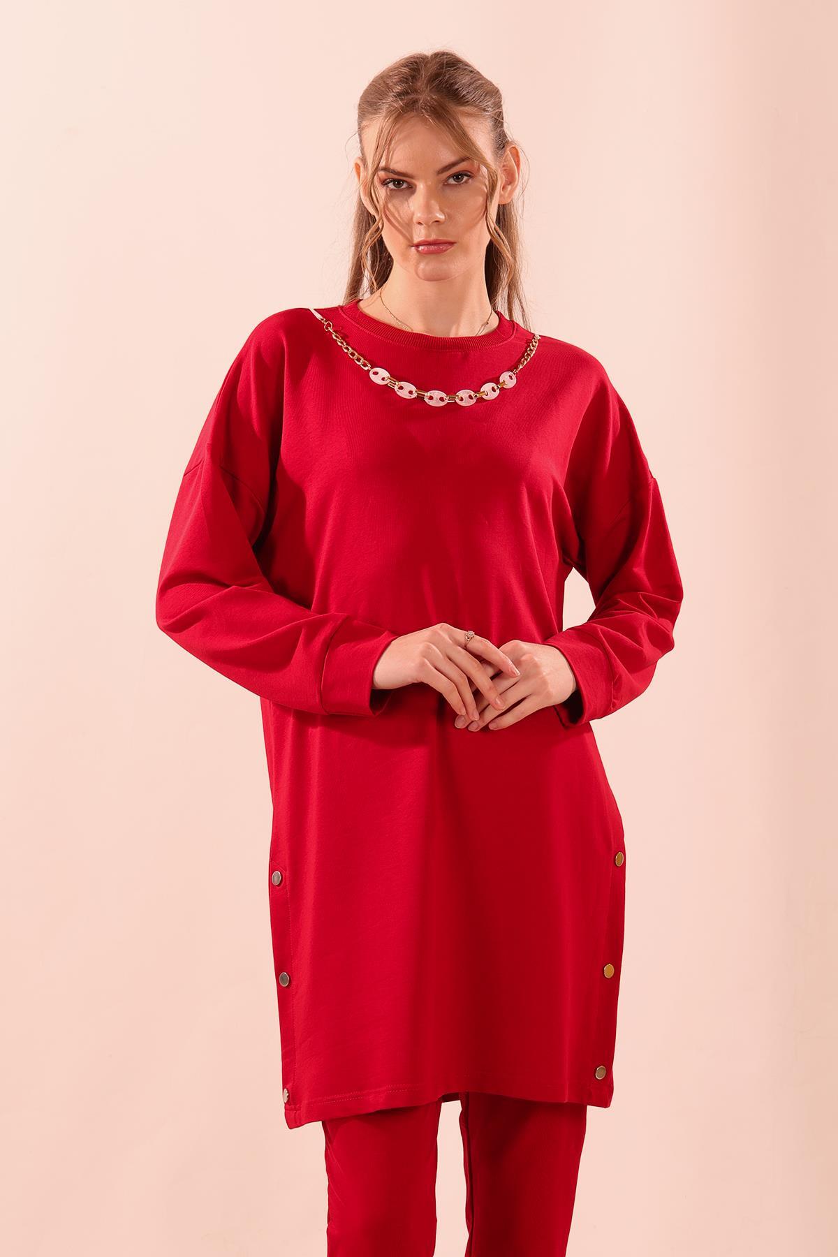 Kırmızı Kolyeli Çıtçıt Detay Sweat Takım 3479 - 2