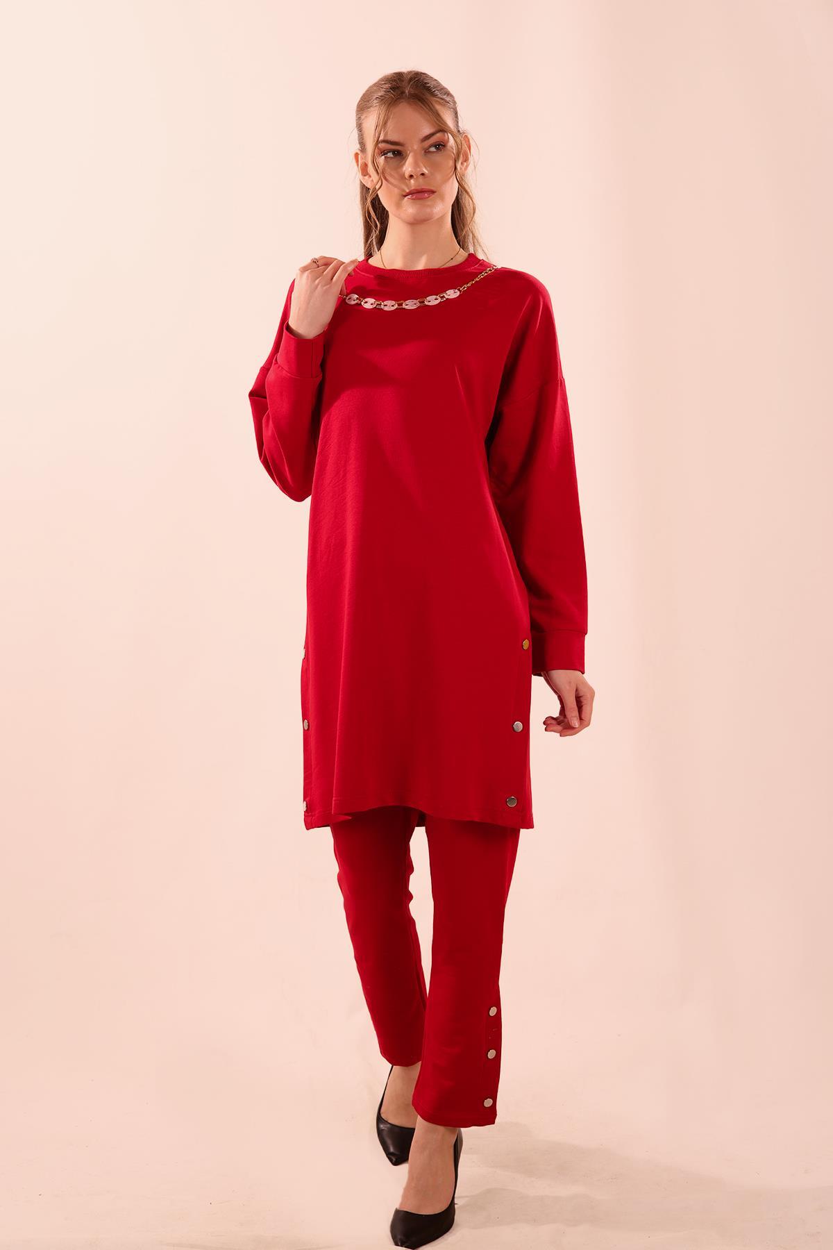 Kırmızı Kolyeli Çıtçıt Detay Sweat Takım 3479 - 3