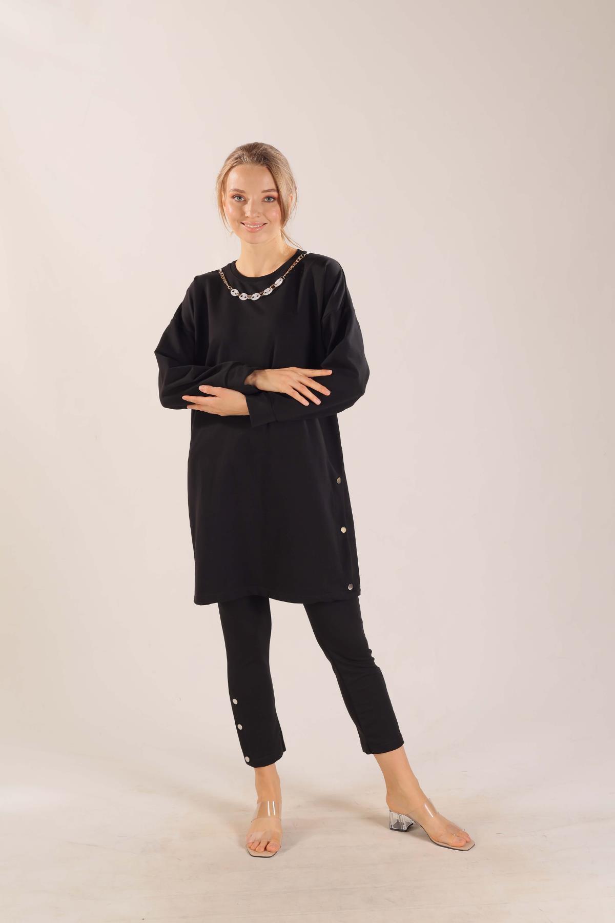 3479 Kolyeli Çıtçıt Detay Sweat Takım Siyah - 2