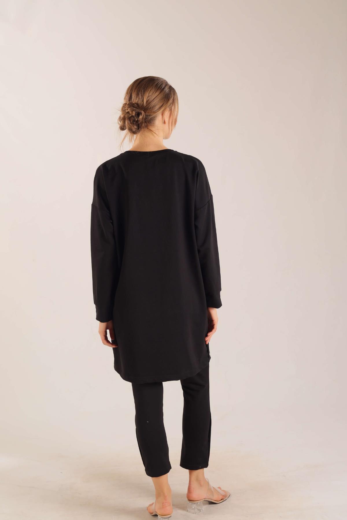 3479 Kolyeli Çıtçıt Detay Sweat Takım Siyah - 3