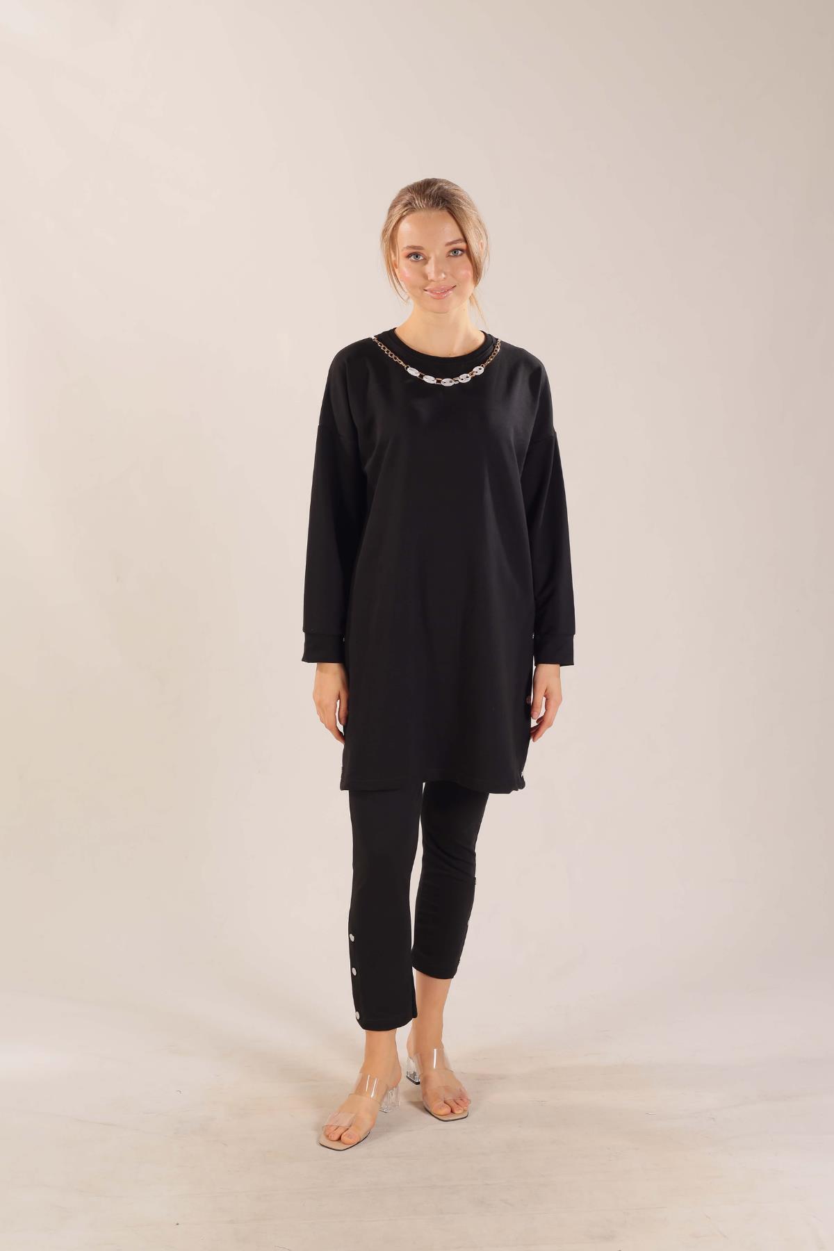 Siyah Kolyeli Çıtçıt Detay Sweat Takım 3479 - 1