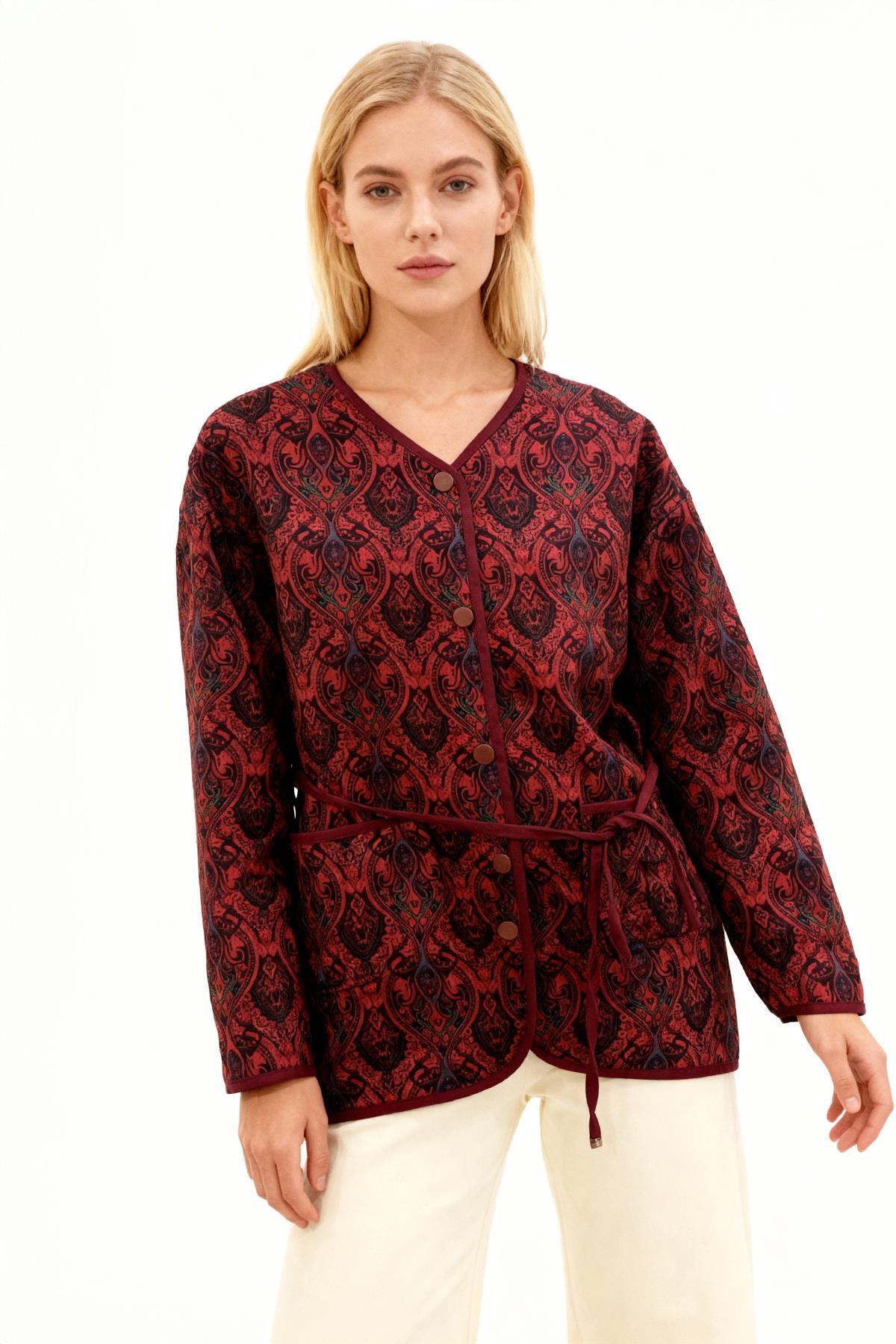 3496 Etnik Desen Kapitone Ceket Bordo - 1