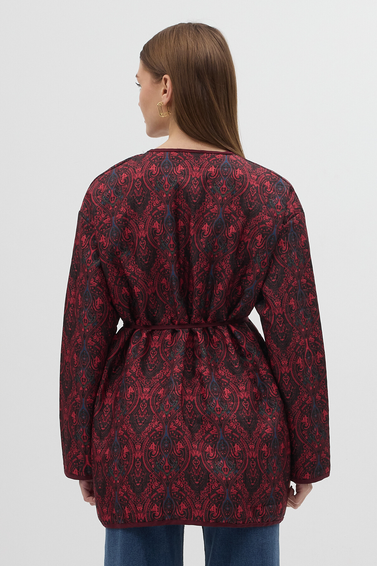 Bordo Etnik Desenli Kapitone Bel Bağlamalı Kadın Ceket 3496 - 5