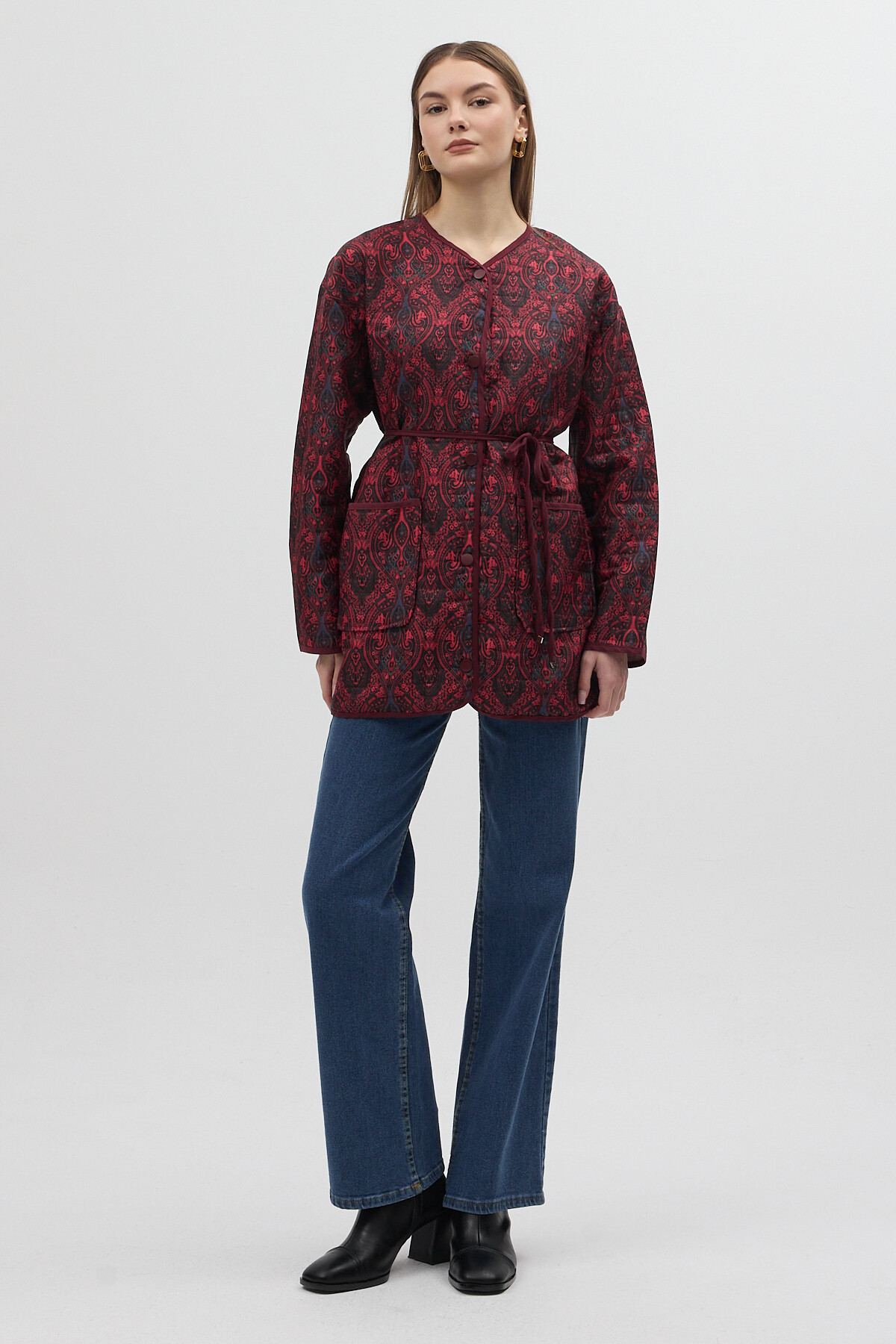 Bordo Etnik Desenli Kapitone Bel Bağlamalı Kadın Ceket 3496 - 6