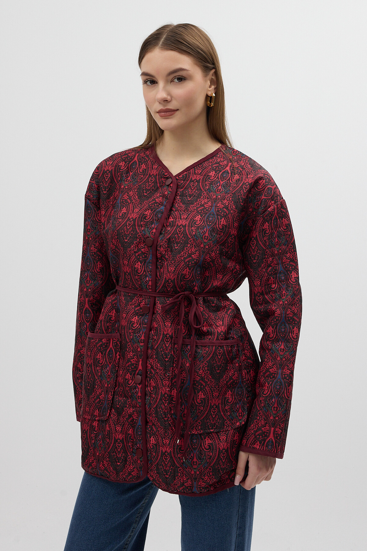 Bordo Etnik Desenli Kapitone Bel Bağlamalı Kadın Ceket 3496 - 2