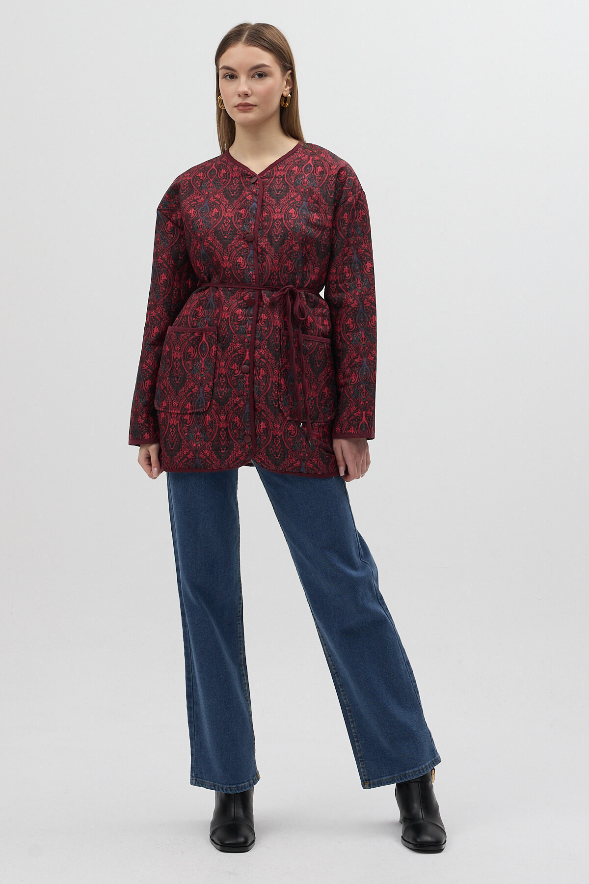 Bordo Etnik Desenli Kapitone Bel Bağlamalı Kadın Ceket 3496 - 3